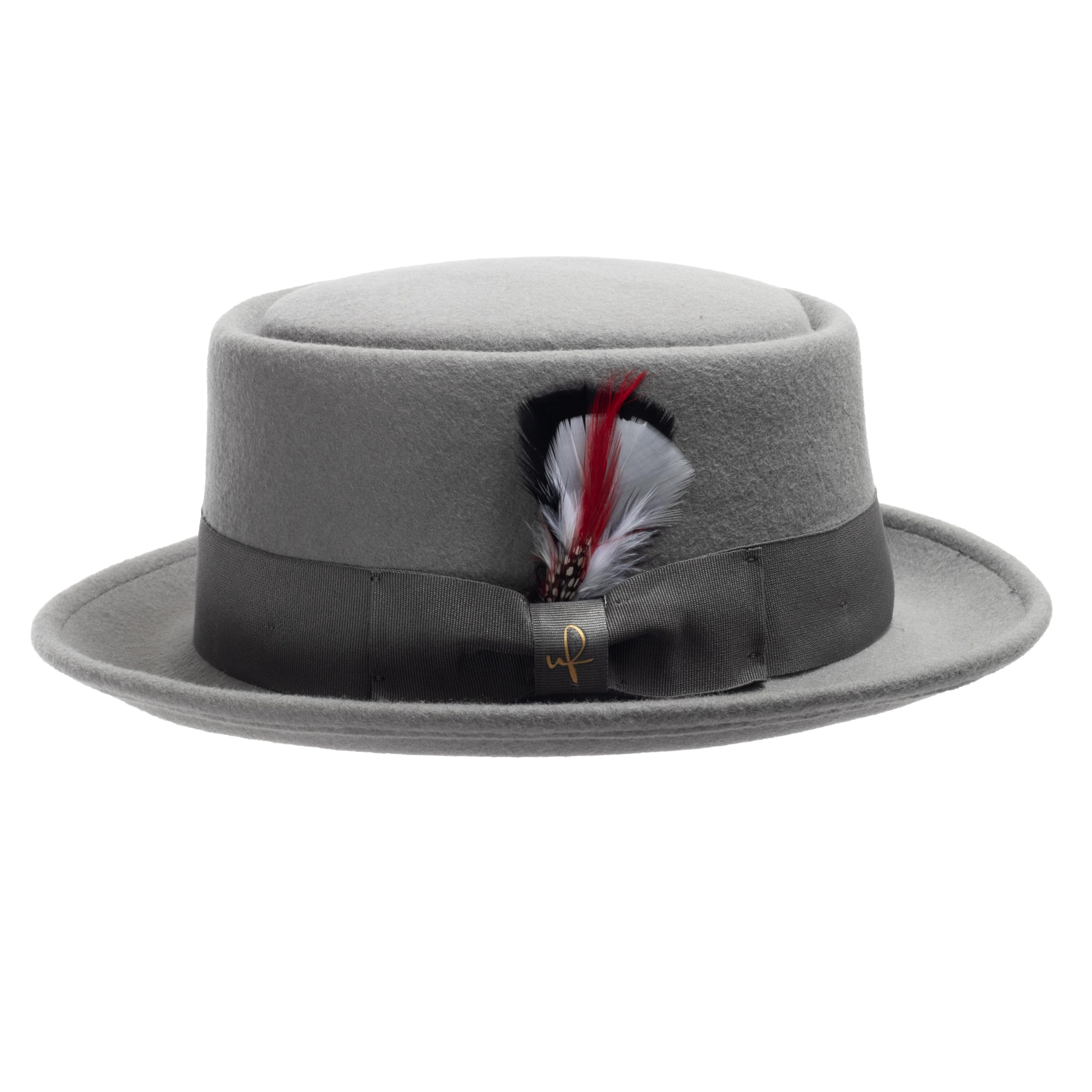 ULTRAFINO Riff Wool Felt Classic Jazz Porkpie Hat with Feather Grey Medium