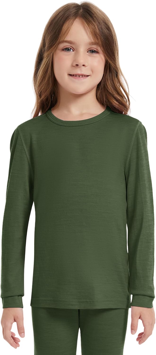 Kids Unisex 100% Merino Wool Base Layer Tops Lightweight Thermal Underwear Shirt