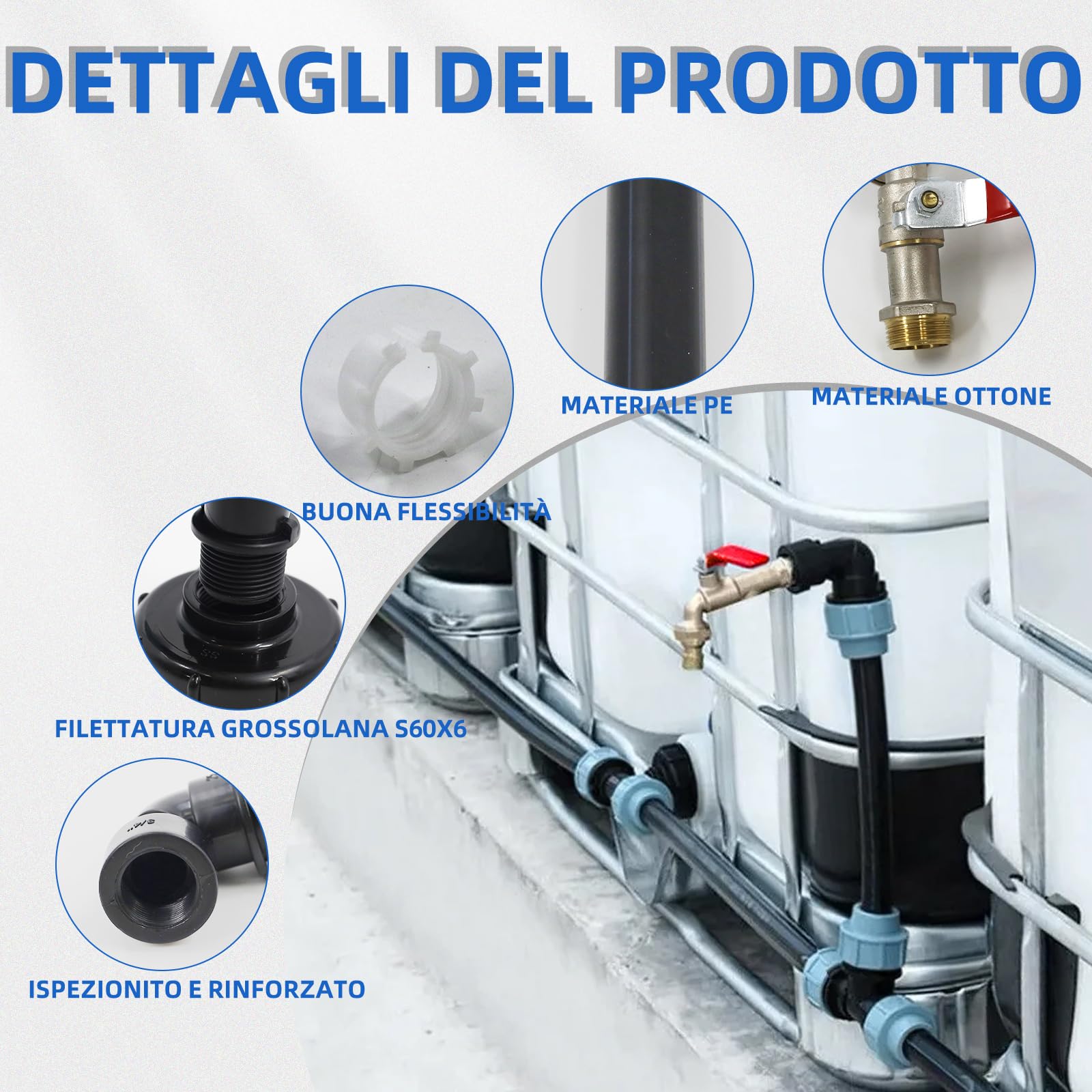 IBC - Set di collegamento per 3 serbatoi IBC o serbatoi di pioggia, con rubinetto a collo di cigno da 3/4", uscita con raccordo tubolare, ideale per l'irrigazione del giardino