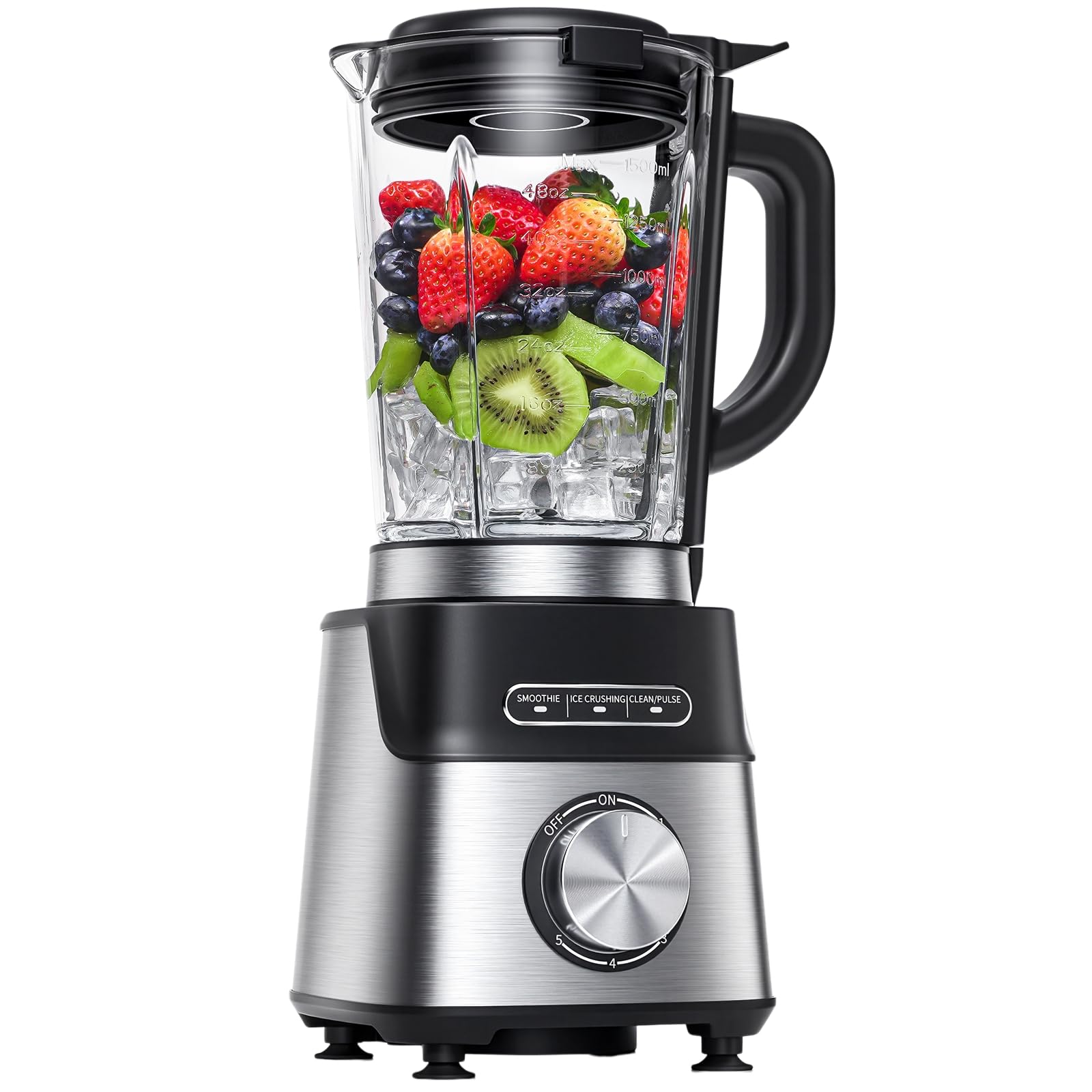 AMZCHEF Blender 1200W, Mixeur avec Bol en Verre 1,5L Résistant à la Chaleur, 5 Vitesses + Programmes Smoothie/Glace Pilée/Auto-Nettoyage, 6 Lames Inox, Pièces Lavables Lave-Vaisselle, Sécurité