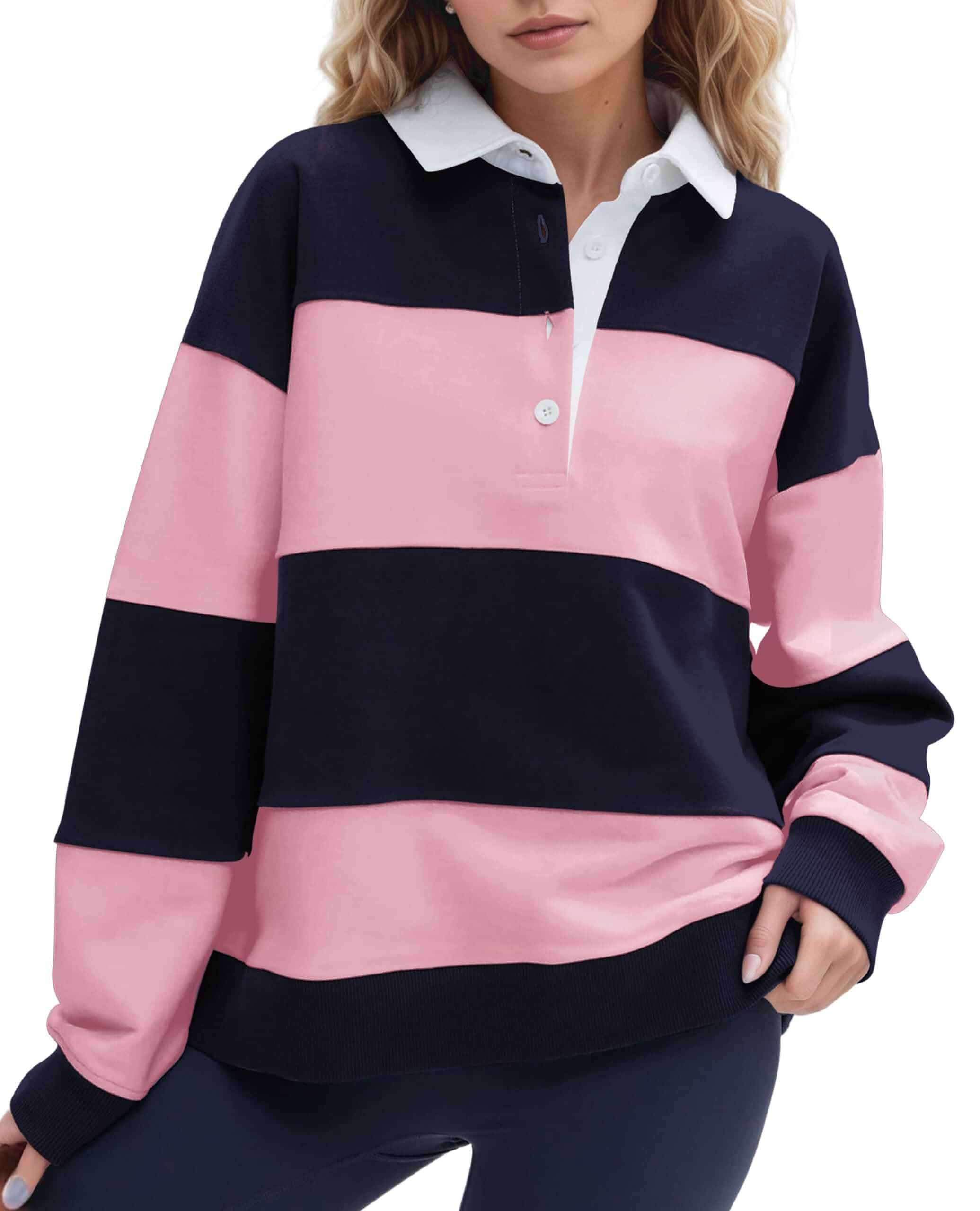 Women Oversized Striped Polo Sweatshirt Color Block Lapel Collared Pullover Tops Striped Long Sleeve Rugby Shirts Long Sleeve