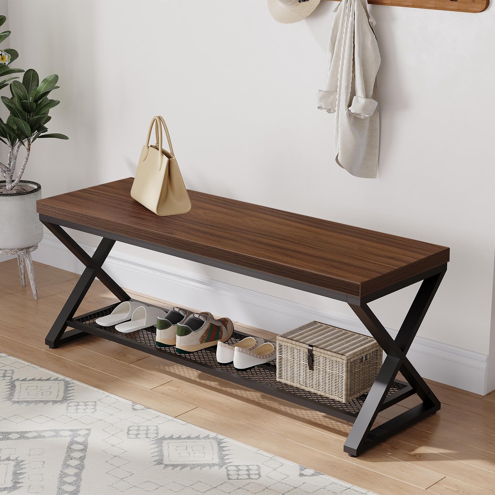 LVB Entryway Bench with Storage, Wood and Metal Indoor Bench for Entry Way, Simple Accent Shoe Rack Bench for Foyer Entrance, Long Wooden Hallway Bench with Seating for Living Room, Walnut, 47 inch