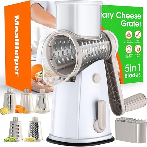 Miniatura 11 de Rallador de queso rotativo de 5 cuchillas con manivela manual y caja de almacenamiento, picador de verduras, triturador de queso para quesos,