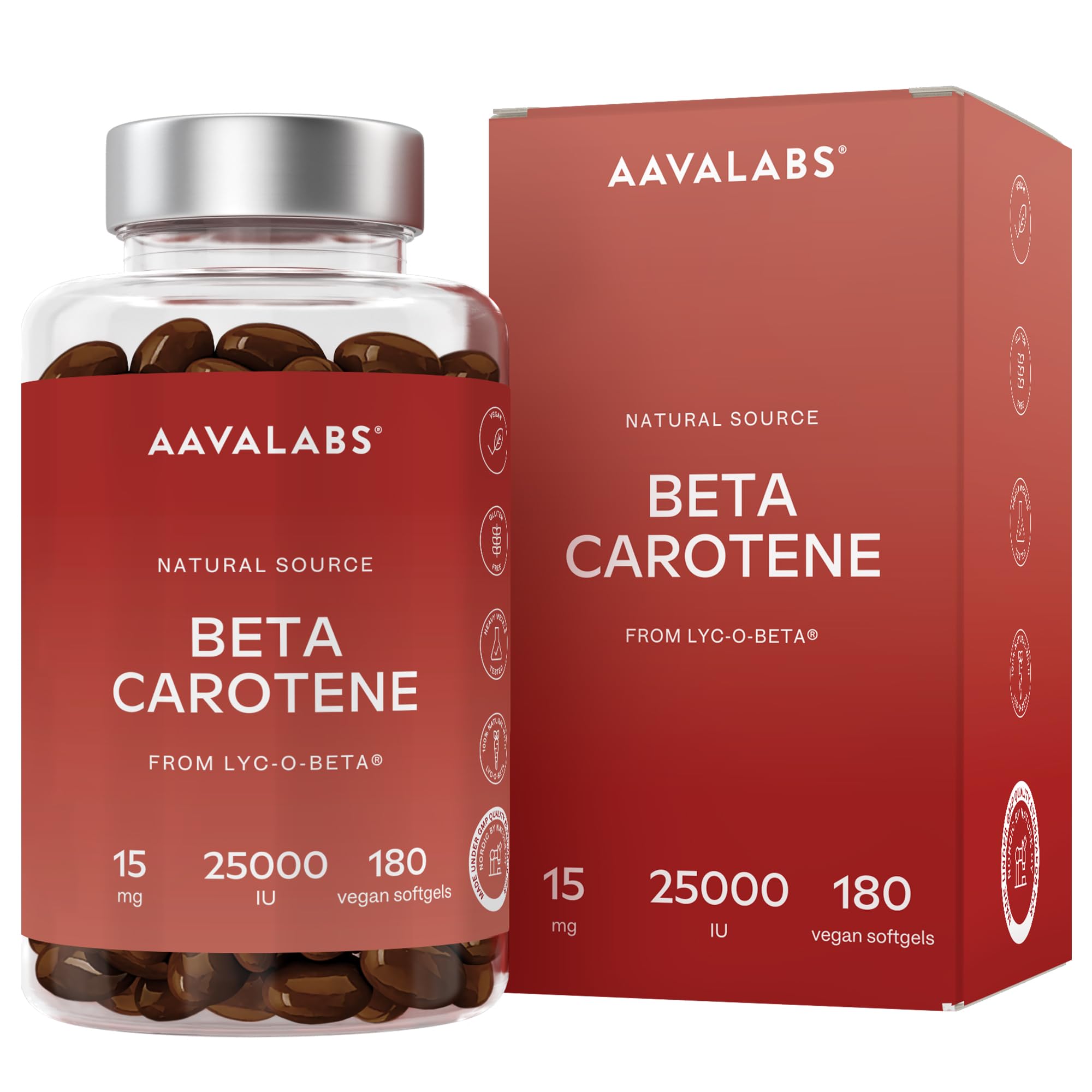 Betacaroteno [ 25 000 ui ] Vitamina A - 180 Cápsulas con Patentado Lyc-O-Beta - Con Aceite de Oliva Extra Virgen - Apoyo Natural Para el Bronceado, Ojos, Piel y Sistema Inmunológico