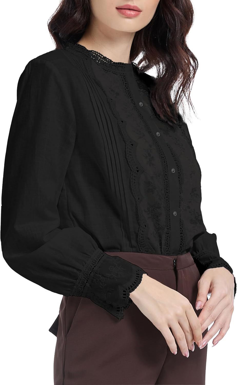 Womens Dressy Casual Lace Blouse Cotton Long Sleeve Button Up Shirts Tops - Image 2