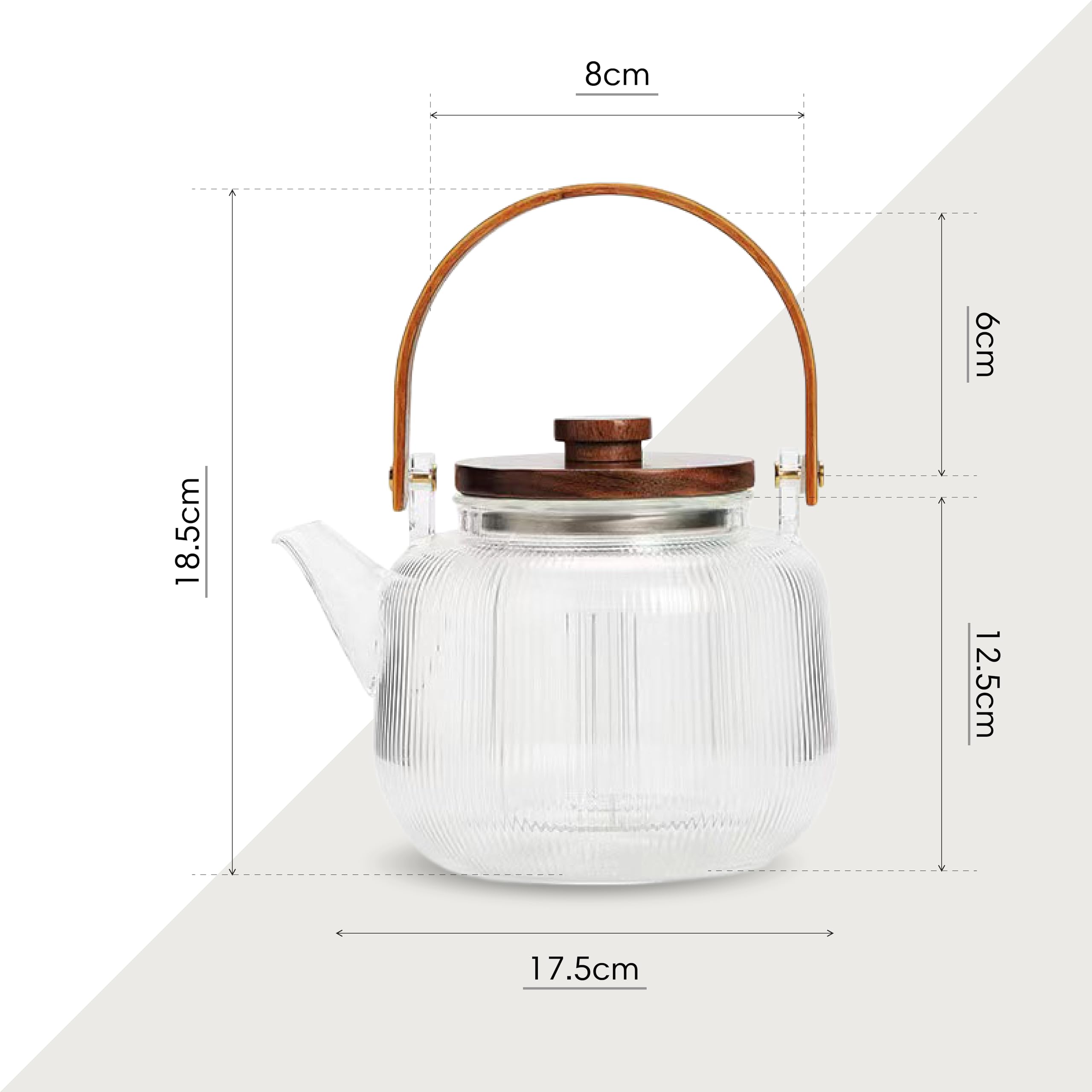 Charbrew 900 ml klare Glas-Teekanne mit Teesieb, geripptes Borosilikatglas, Holzdeckel und Griff, für losen Tee, Teebeutel und blühenden Tee, für 4 Tassen