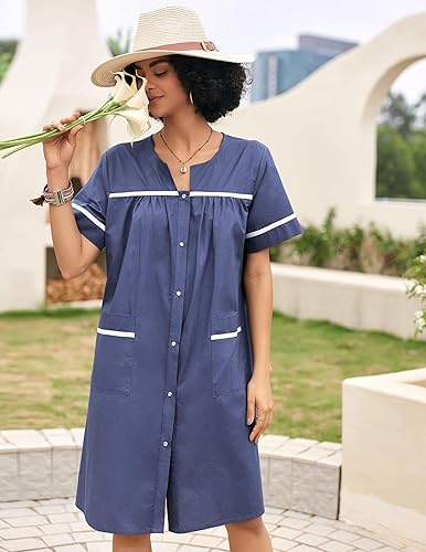 Miniatura 2 de Ekouaer Ropa de dormir para mujeres, camisón con broches frontales, bata de casa de algodón, manga corta, vestido de casa