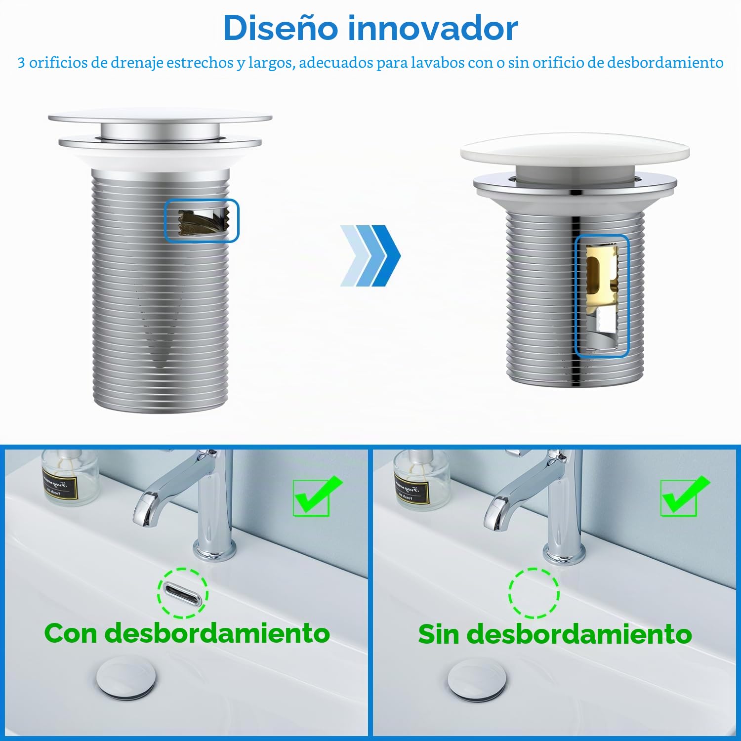 Desagüe Lavabo Blanca con o sin Rebosadero, Tapon Lavabo Click Clack, Tapa Blanca de Cerámica, Válvula Desagüe Pop Up con Cesta Filtrante, Universal G1 1/4" para Baño y Aseo