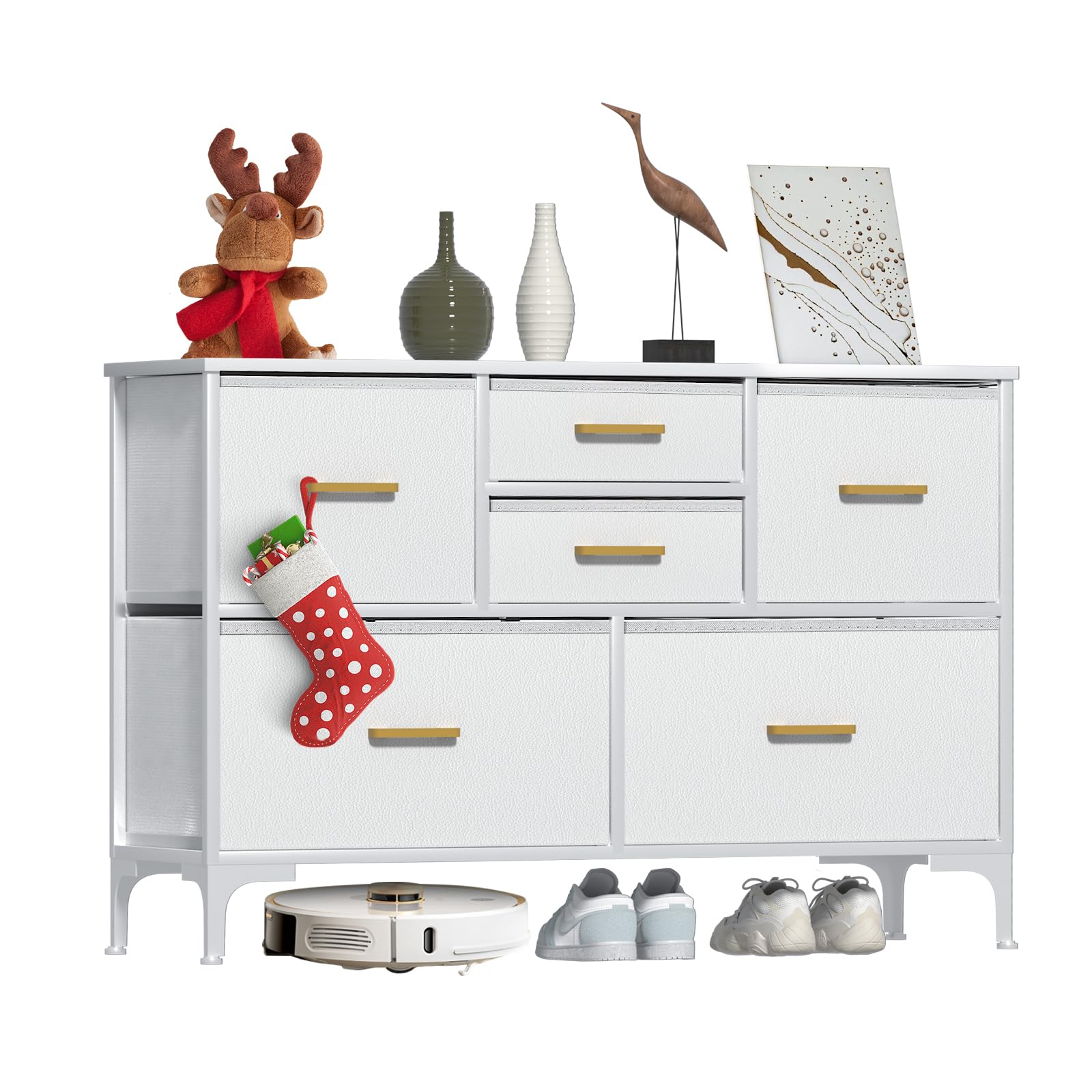 Ocforiya White Dresser for Bedroom with 6 Drawers, Faux Leather Finish, Wide Dresser for 55'' Long TV Stand Dresser for Bedroom, Small Dresser with Drawers for Living Room, Hallway?Glacier White?