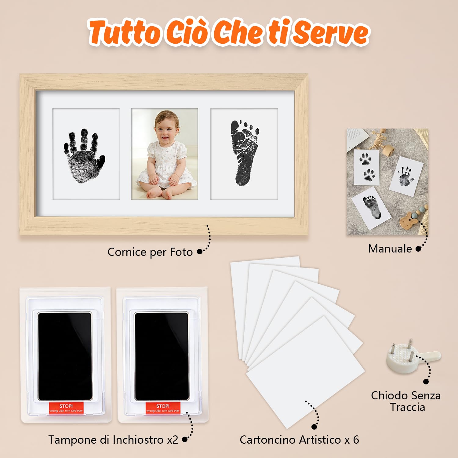 Cornice con Impronta Bimbo, Set Impronte Bimbi con un Touchpad 100% Safe For Baby Senza Inchiostro- un Ricordo per il Bambino-Oak