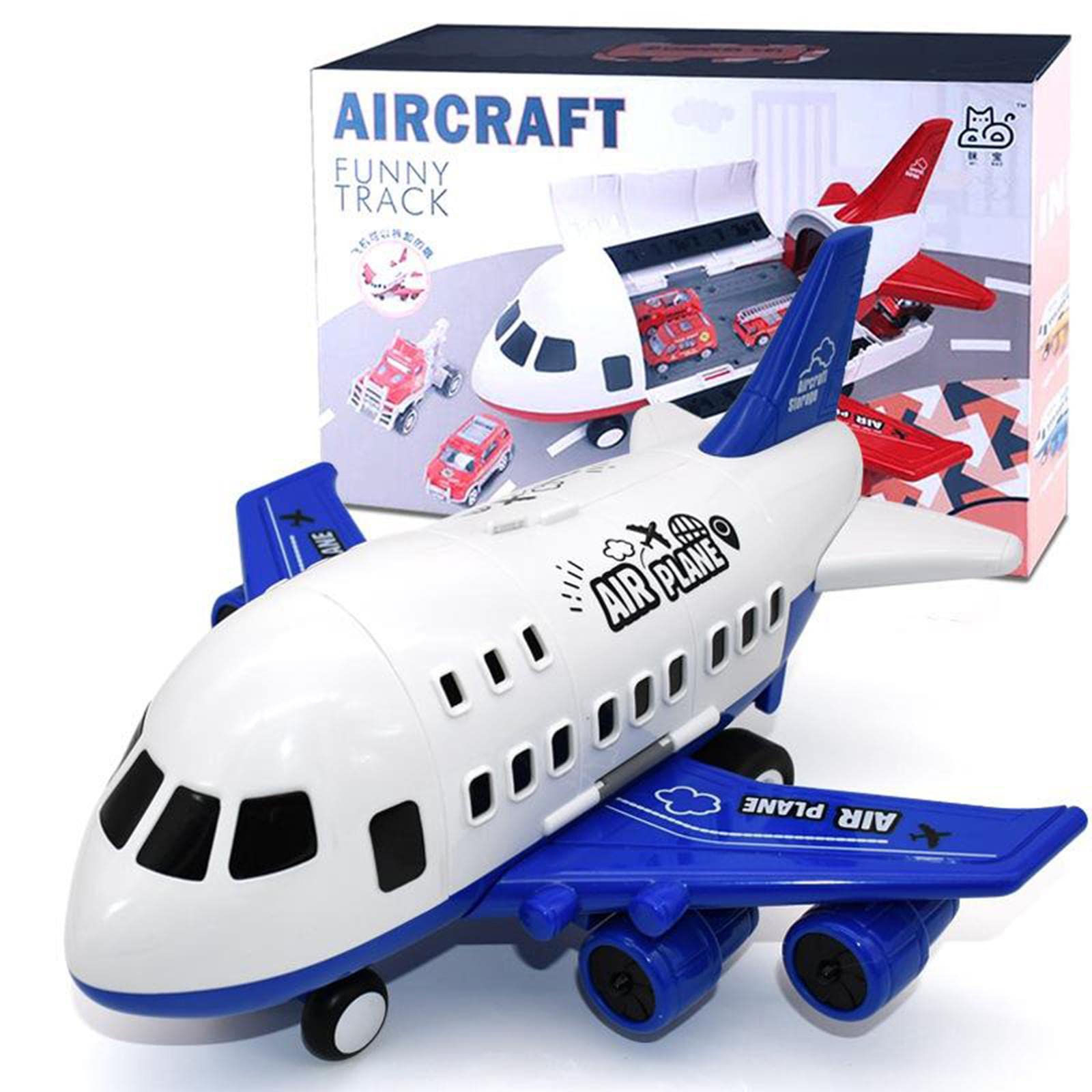 Set di Giocattoli per Bambini con Aereo E Contenitore Portaoggetti E Pista Inerziale, Blu 6 Auto Della Polizia