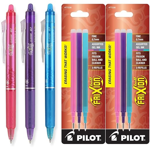 Pilot FriXion Clicker Retractable Erasable Gel Ink Pens, Fine Point, 0.7mm, Assorted Fashion Ink, Pack of 3 with Bonus 2 Packs of Refills