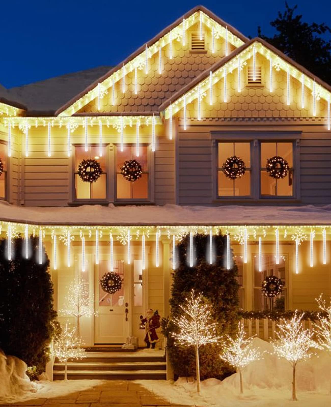 AveyLum LED Meteor Shower Rain Lights 30cm 8 Tubes Falling Rain Drop Christmas Lights Cascading Icicle String Light for Holiday Party Wedding Christmas Tree Decoration, White