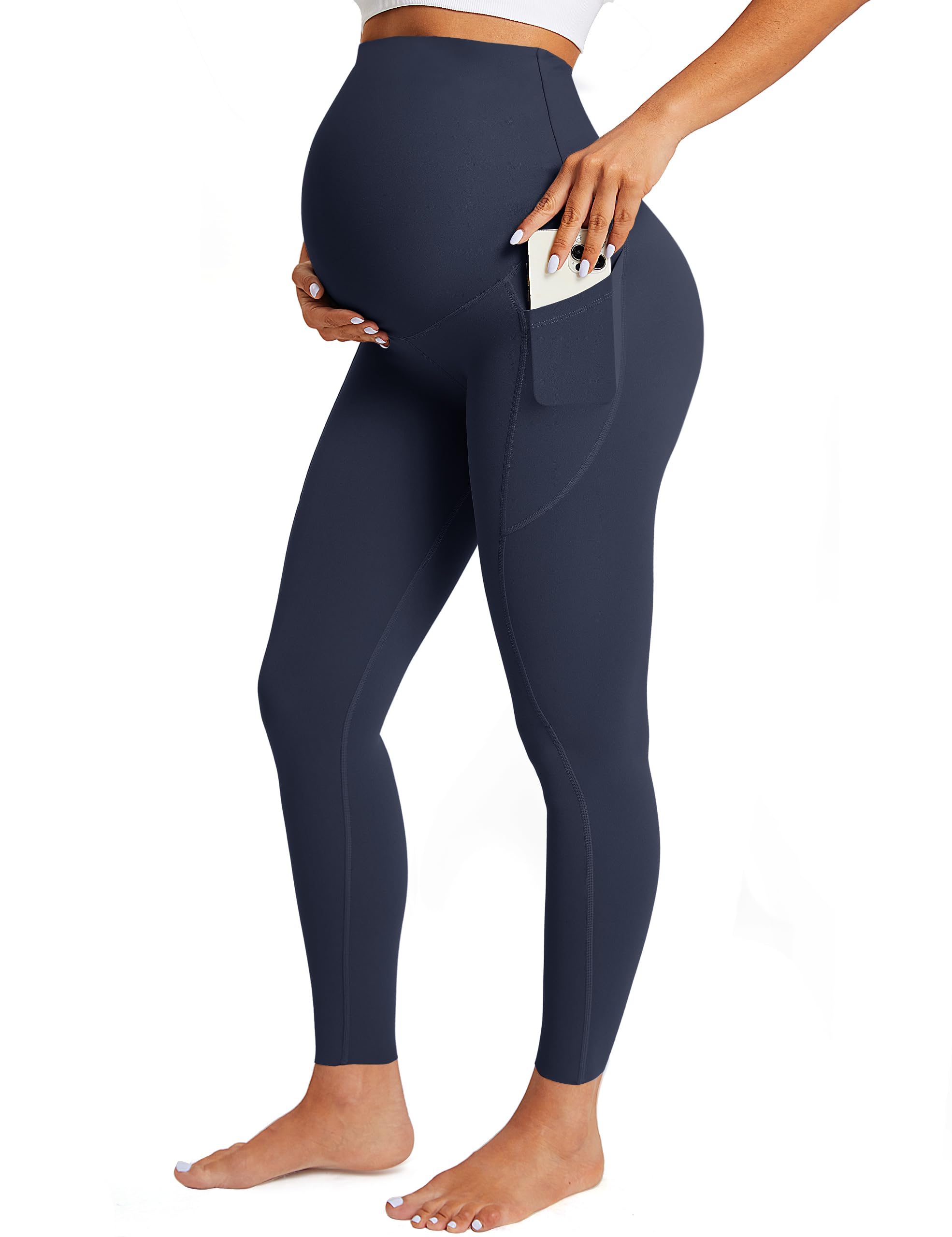 BAYDI Leggings de maternidad para mujer con bolsillos, opacos, largos, de cintura alta, pantalones de maternidad, suaves, elásticos, pantalones de embarazo