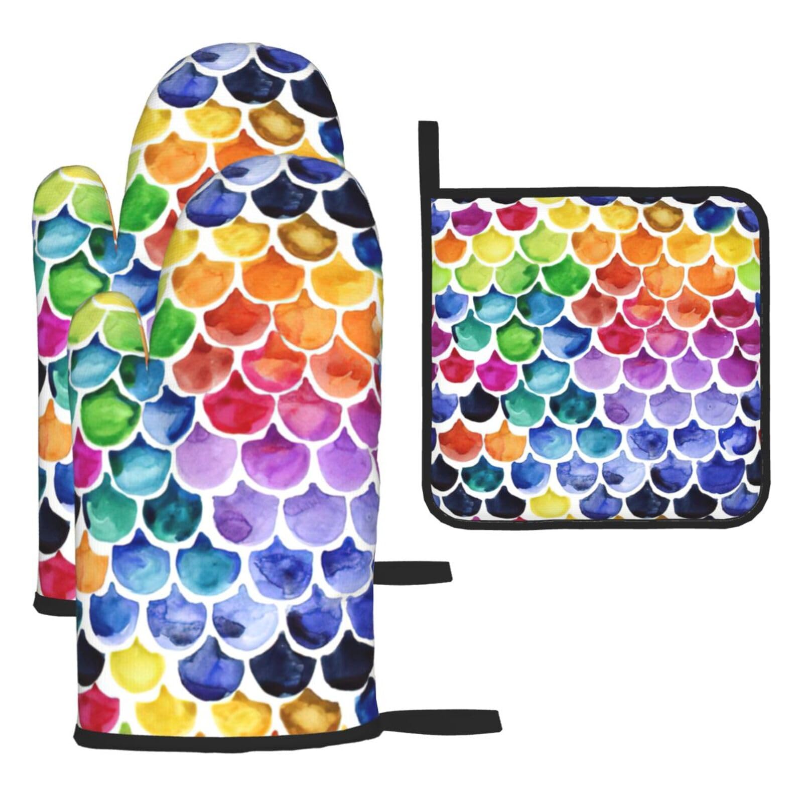 Mermaid Fish Scale Print Oven Kitchen Gloves For Baking Outdoor Grilling Home Use Mitts Microwaving Bbq