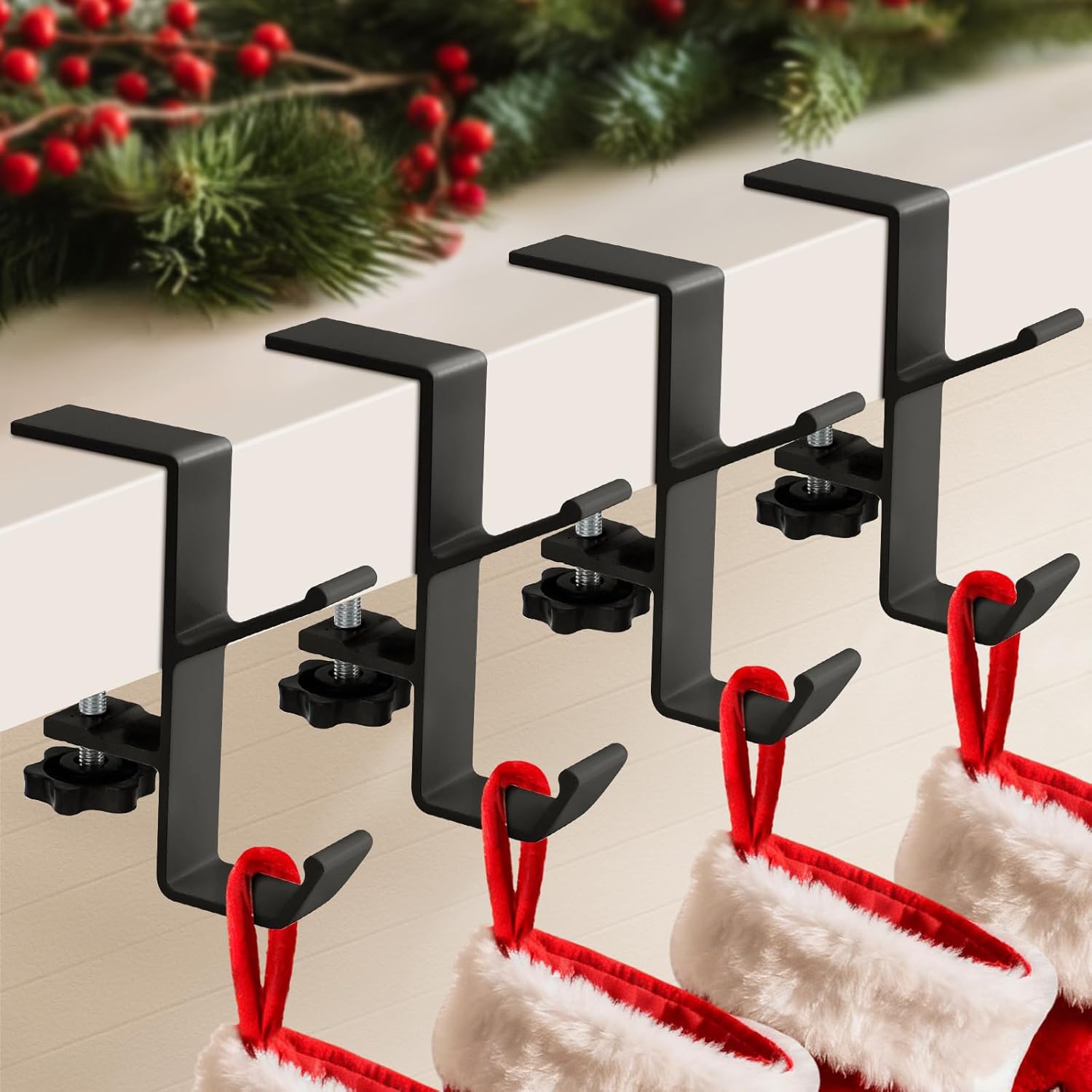 4 Pack Stocking Holders for Mantle for Christmas Decorations,2 in 1 Mantle Garland Holder for Hanging Christmas Stockings,No Drilling Required & Adjustable Garland Hanger, Metal(Black) 4 Black
