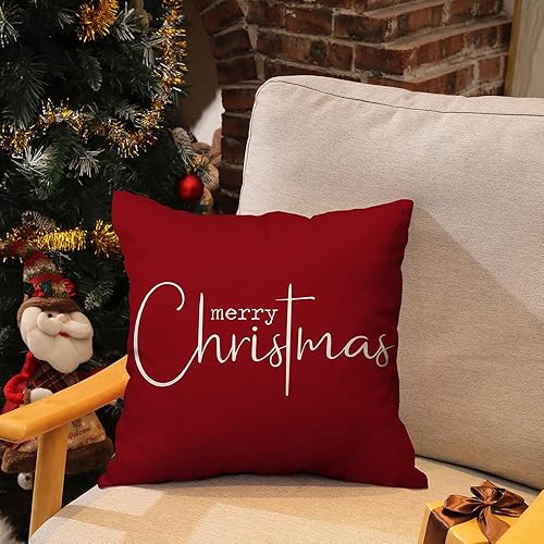 Miniatura 5 de Fundas de almohada navideñas con texto en inglés Merry Christmas, decorativas, de tela de algodón, color rojo, de lino, funda de almohada para sofá,