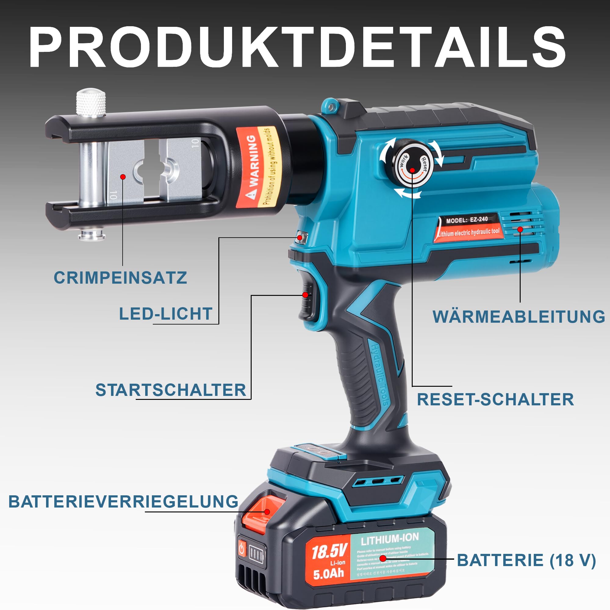 AMZCNC Crimpadora hidráulica recargable, portátil, baterías de litio de 18 V, 2 unidades, 11 juegos de matrices de engarzado (10-240 mm²), prensa de terminales de batería