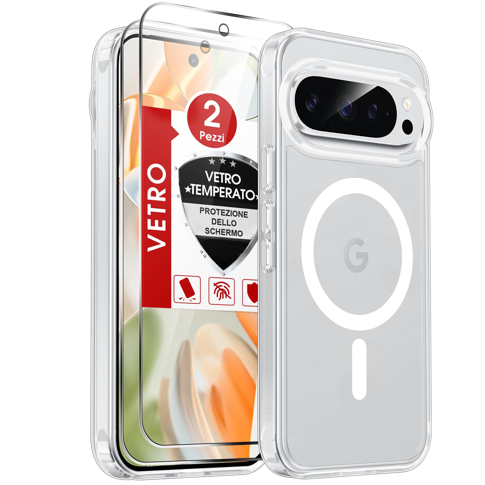 LeYi Cover Magnetica per Google Pixel 9/9 Pro (Trasparente Opaco) | Custodia per Pixel 9/ 9Pro con 2 Vetro Temperato Anti-Impronte Resistente ai Graffi Paraurti in TPU Antiurto Protettiva Case