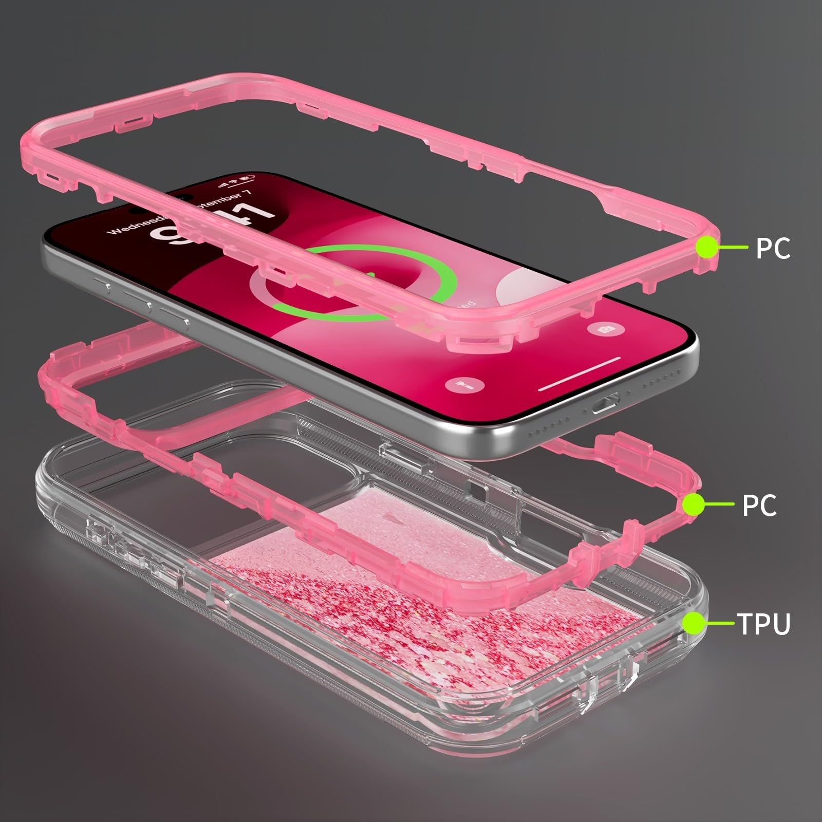 Generic Funda compatible con iPhone 15 (color: morado) con purpurina de triple capa a prueba de golpes, carcasa de silicona rígida