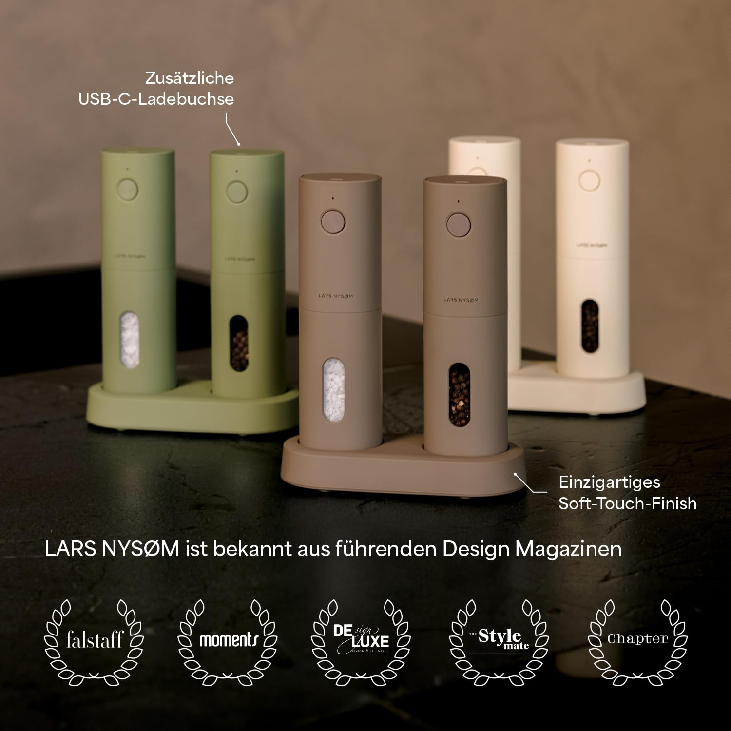LARS NYSØM Elektrische Gewürzmühlen & Gewürze Geschenkset - Salz- und Pfeffermühlen Set mit 2 hochwertigen Gewürzdosen (Salz, Pfeffer) - Schöne Geschenkbox (Carbon Black)