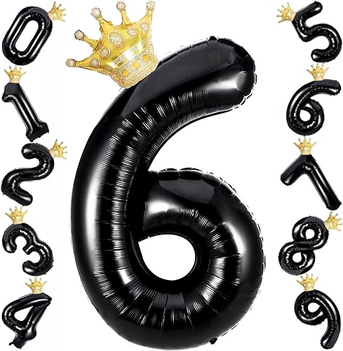 Miniatura 9 de Globos de papel de aluminio negro de 40 pulgadas con corona dorada desmontable, globos de helio de Mylar de gran tamaño para fiesta de 7 cumpleaños,