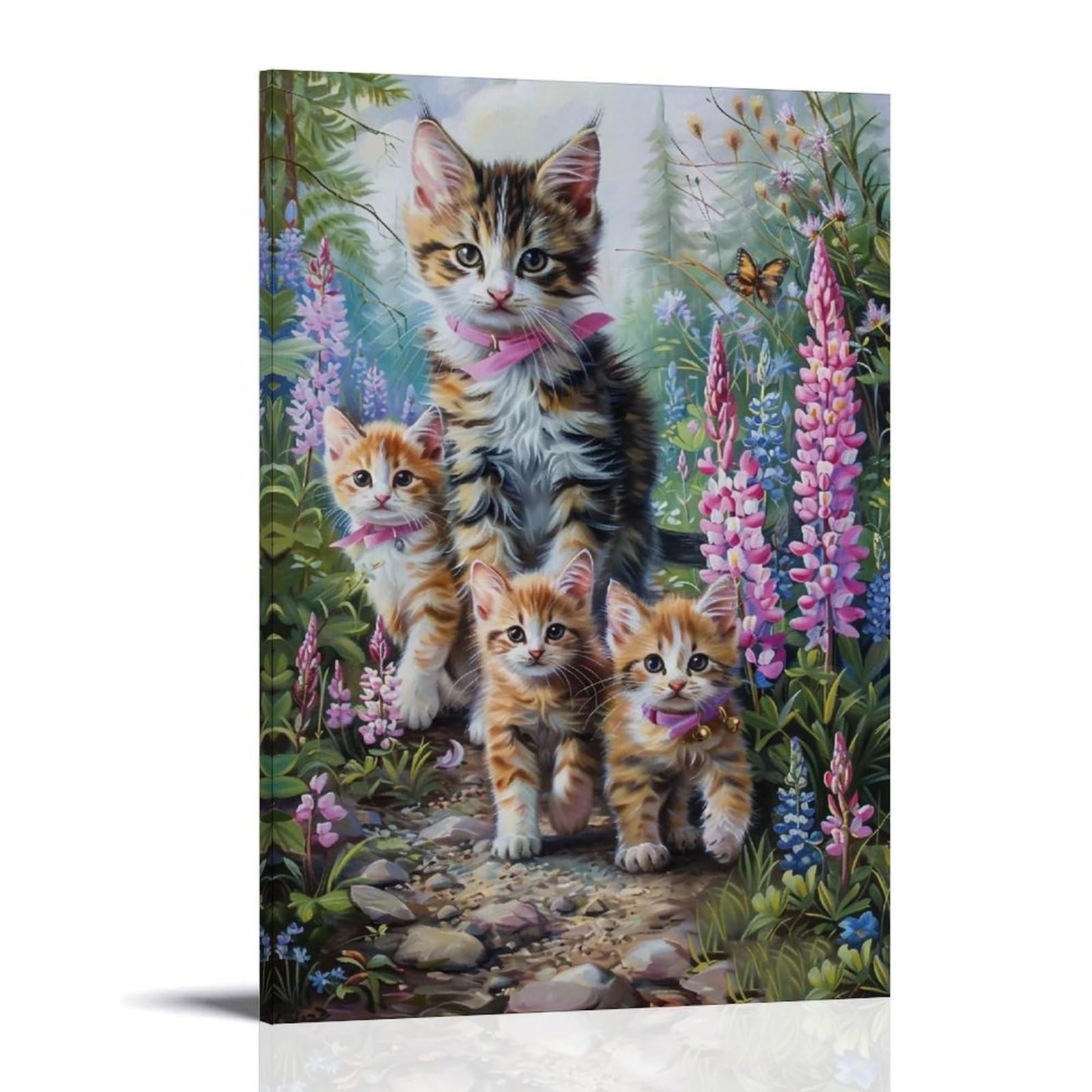 WHOUHJYE Forest Cat Family 04 Poster Wall Art Canvas Vintage Aesthetic Painting Decor for Rooms 12x18inch Frame-style