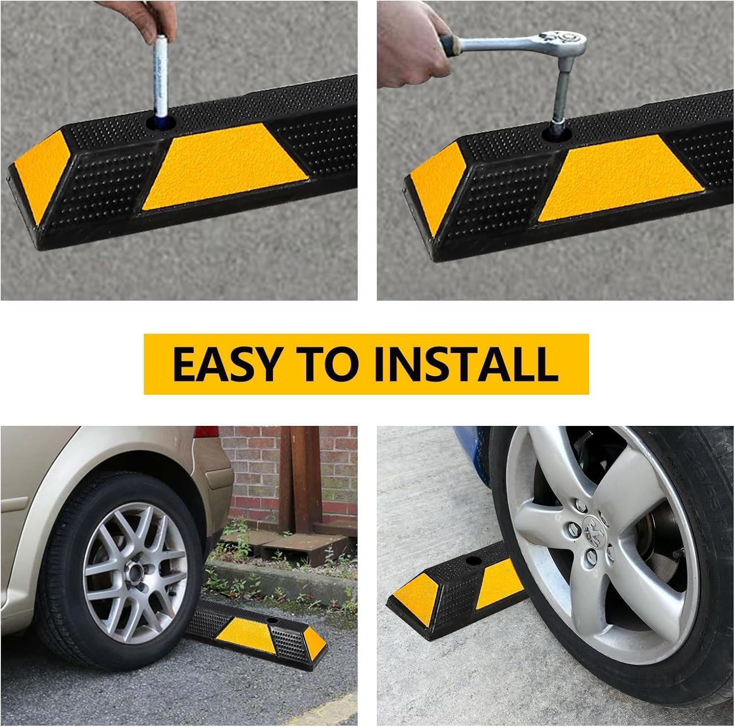 GarveeTech 2 Pack Rubber Curb Parking Garage Floor Stopper, 72.8 in 55000 LBS Capacity Extra Wide Rubber Parking Lot Stopper with 8 High Reflective Yellow Safety Stripes for Vehicles Truck Driveway