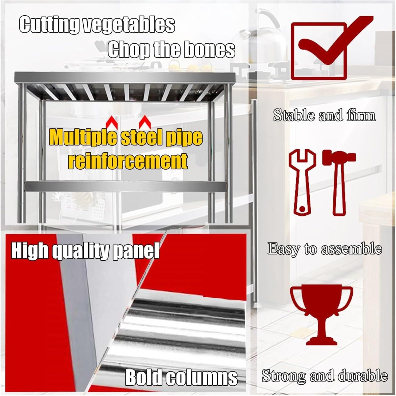 Mesa de trabajo de acero inoxidable, mesa de preparación resistente para cocina, restaurante y uso doméstico, banco de trabajo de cocina duradero para preparación de alimentos, superficie fácil de