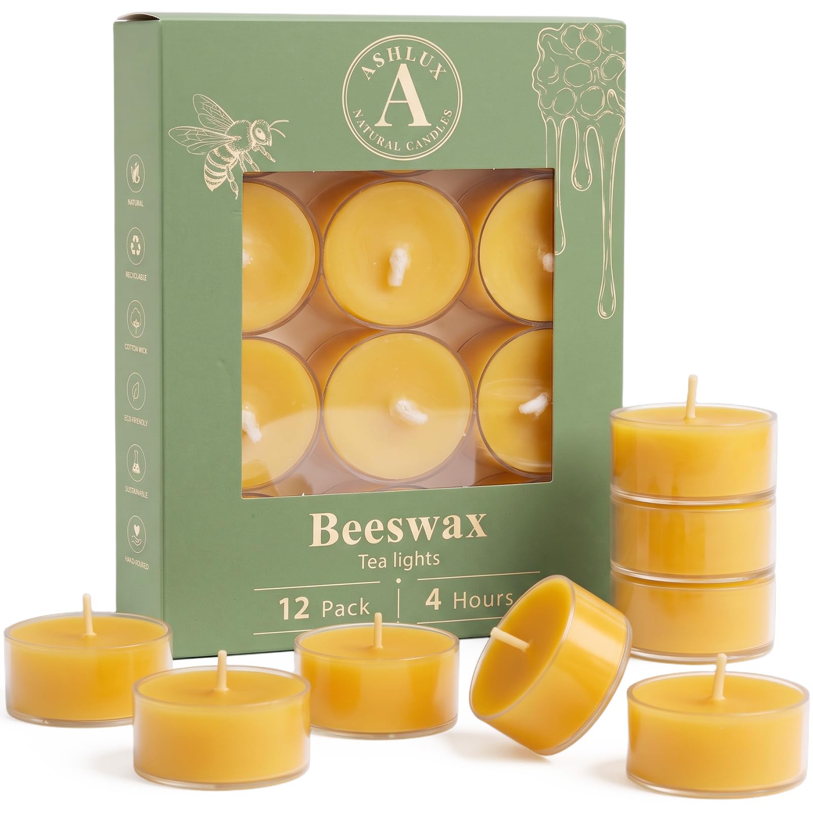 Ashlux Beeswax Tea Lights - 12 Pack, Clean Burn -1 Ashlux Beeswax Tea Lights - 12 Pack, Clean Burn -1