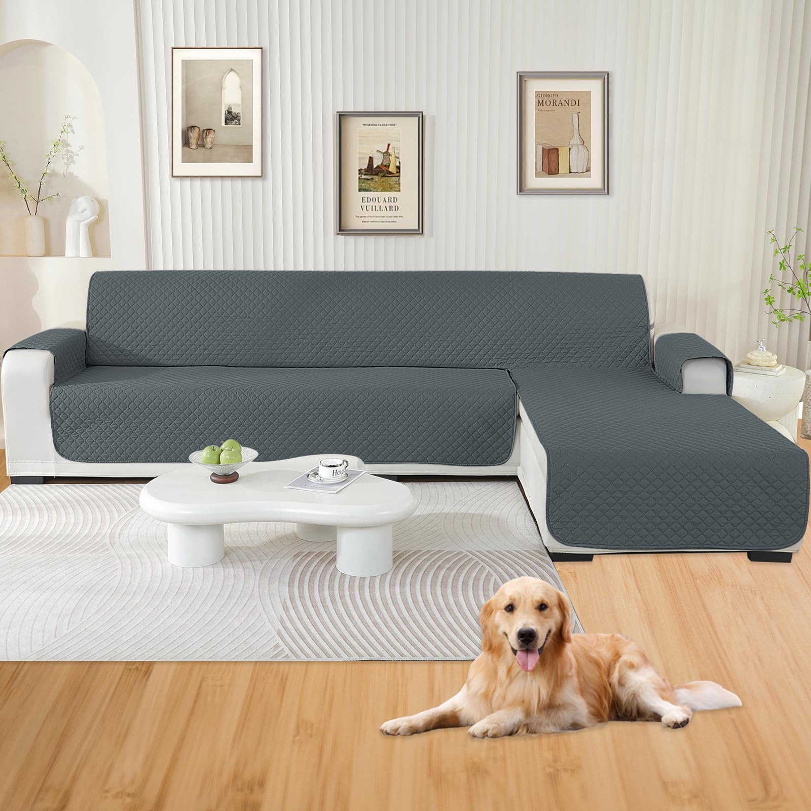 YSTELLAA Impermeable Funda Sofa Chaise Long 3 Plazas, Cubre Sofa Chaise Longue Izquierdo/Derecho Universal Reversible, Anti Gato Y Perro Mascota, Protector Antimanchas Y Resistente, Gris Oscuro