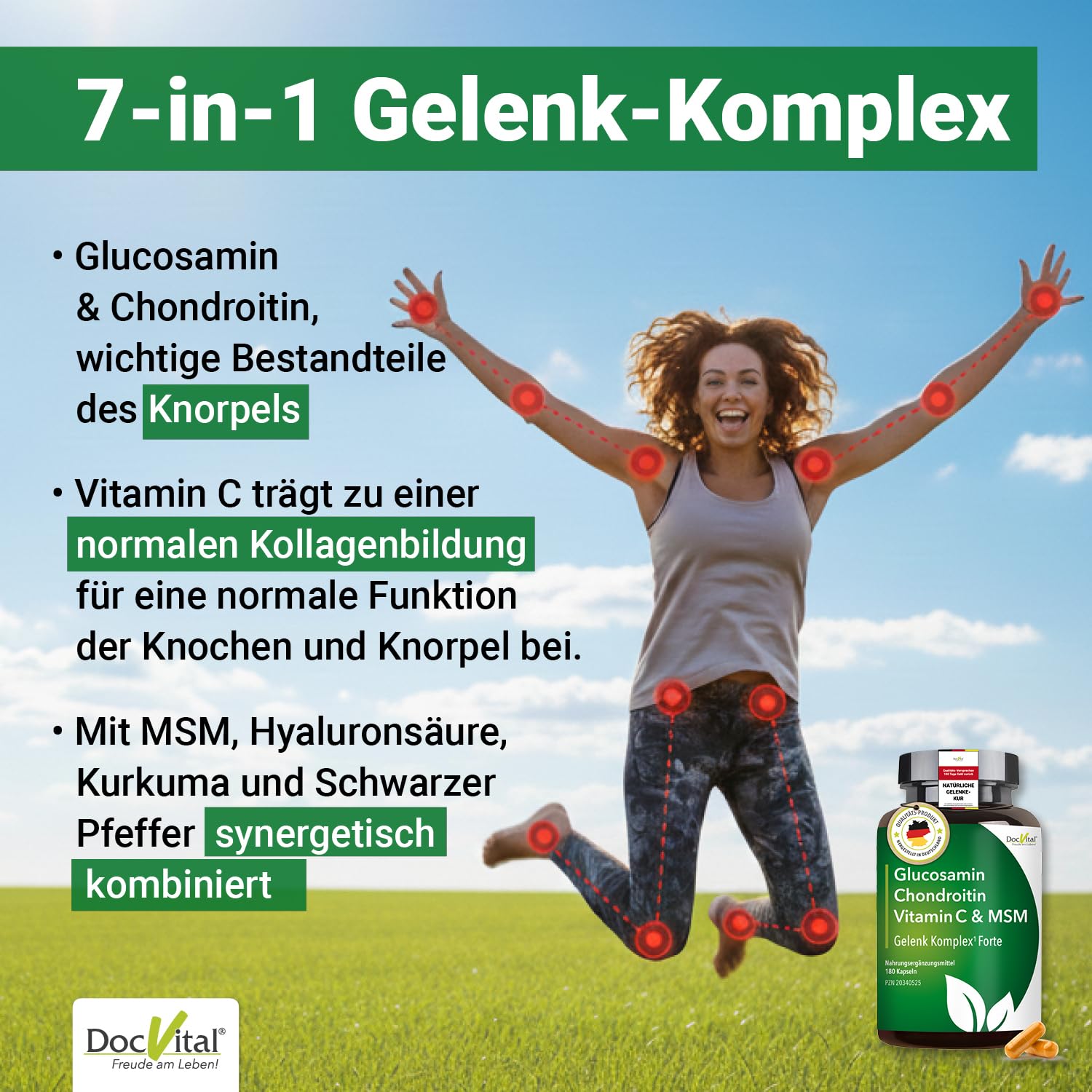 Glucosamin Chondroitin MSM Kapseln hochdosiert [180 Stück] - Gelenkkapseln mit Hyaluronsäure, Vitamin C & Kurkuma - Gelenke & Knorpel - Made in Germany