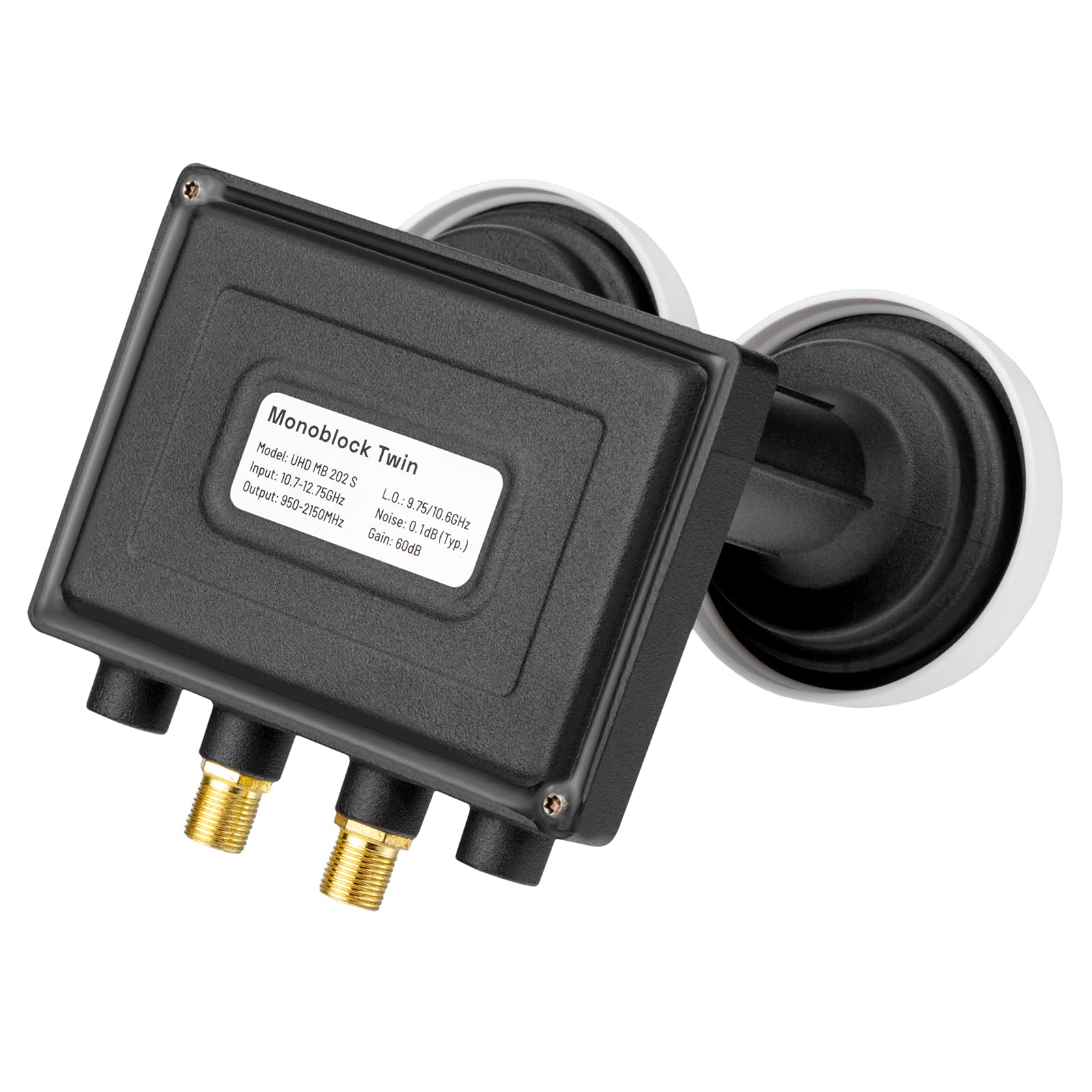hb-digital LNB Twin LNB UHD MB 202 S LNC | pour 2 participants/récepteurs Direct & 2 satellites : Astra 19,2° Hotbird 13° Full HD TV 3D 4K Noir + 4x connecteurs F plaqués or + 2 douilles en caoutchouc