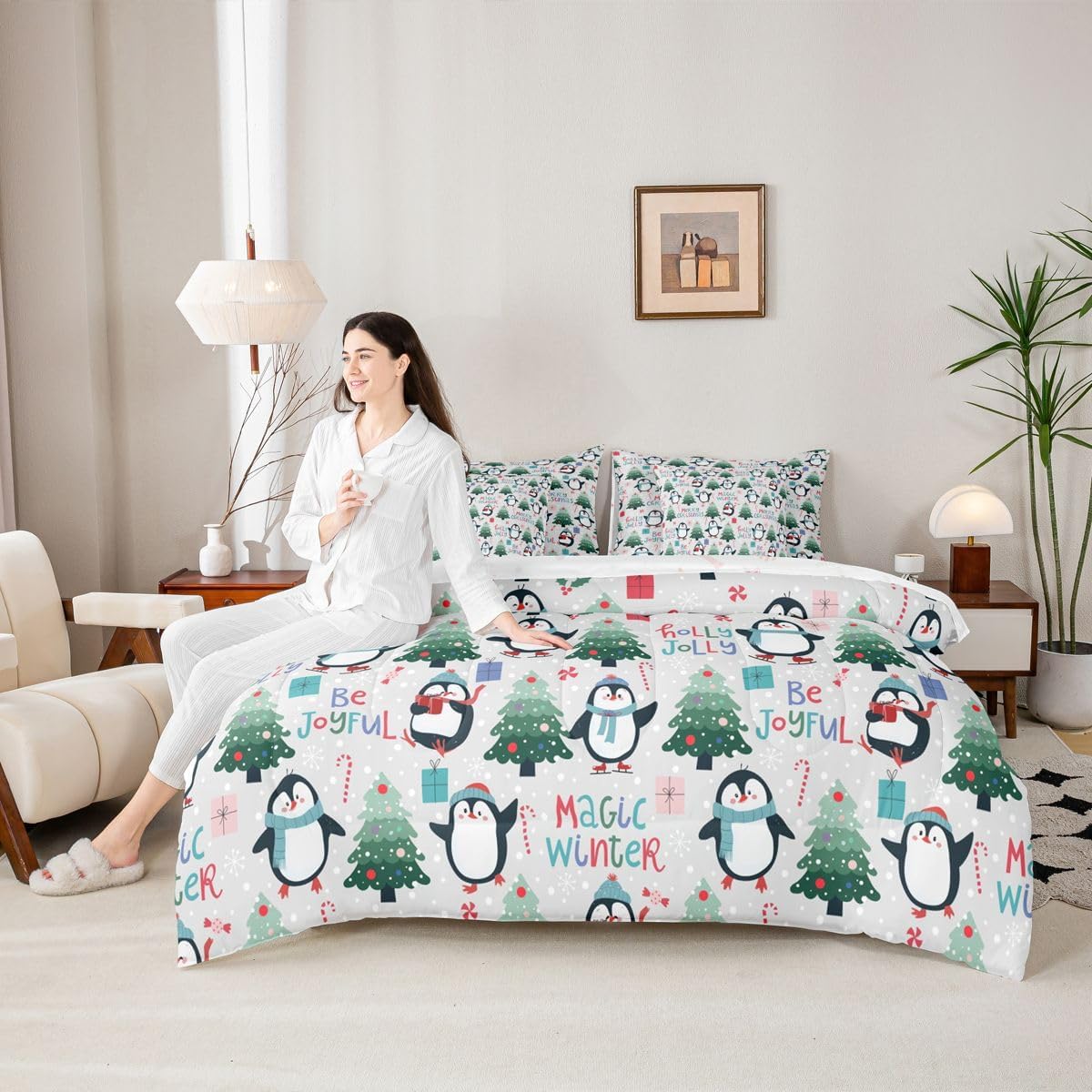 Erosebridal 7 Piece Christmas Queen Comforter Set with Sheets Cartoon Santa Claus Snowman Bed in A Bag Winter Christmas Decorations Bedding Set for Kids Boys Girls,Winter Holiday Bed Sets