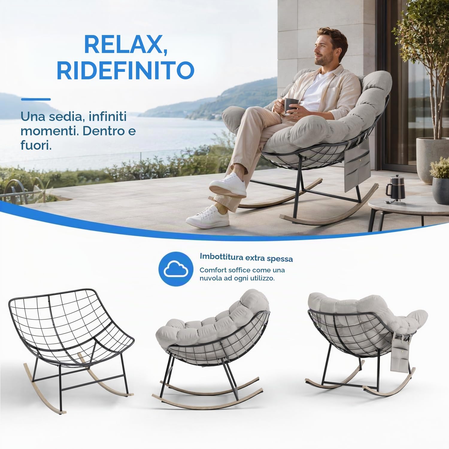 Sedia a Dondolo Esterno Oversize con Tasca Laterale per Soggiorno, Giardino | Poltrona a Dondolo Relax con Cuscino Imbottito, Struttura in Acciaio Portata 150kg Ergonomica per Interno, Camera da Letto