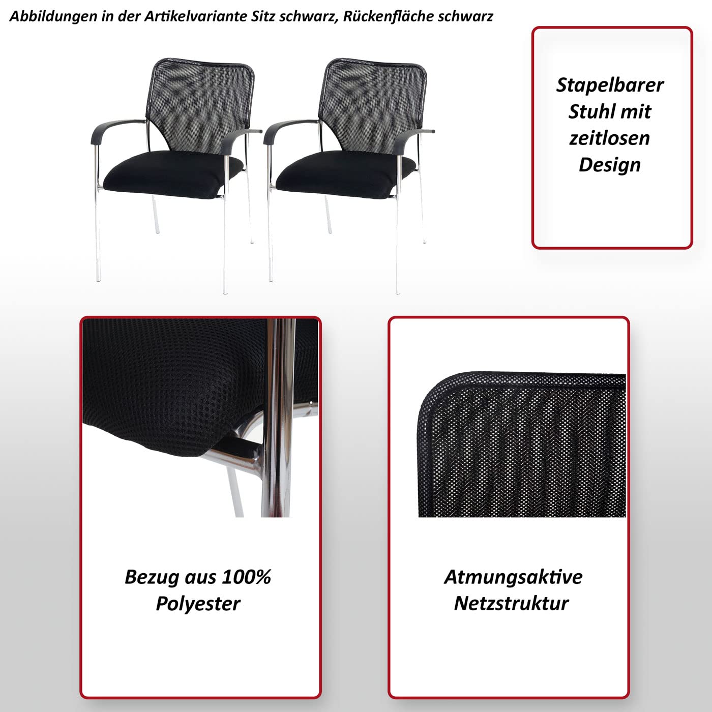 Mendler Lote de 4 sillas de Conferencia/Visitor Tulsa, apilable, Tejido – Asiento Negro, Respaldo Negro