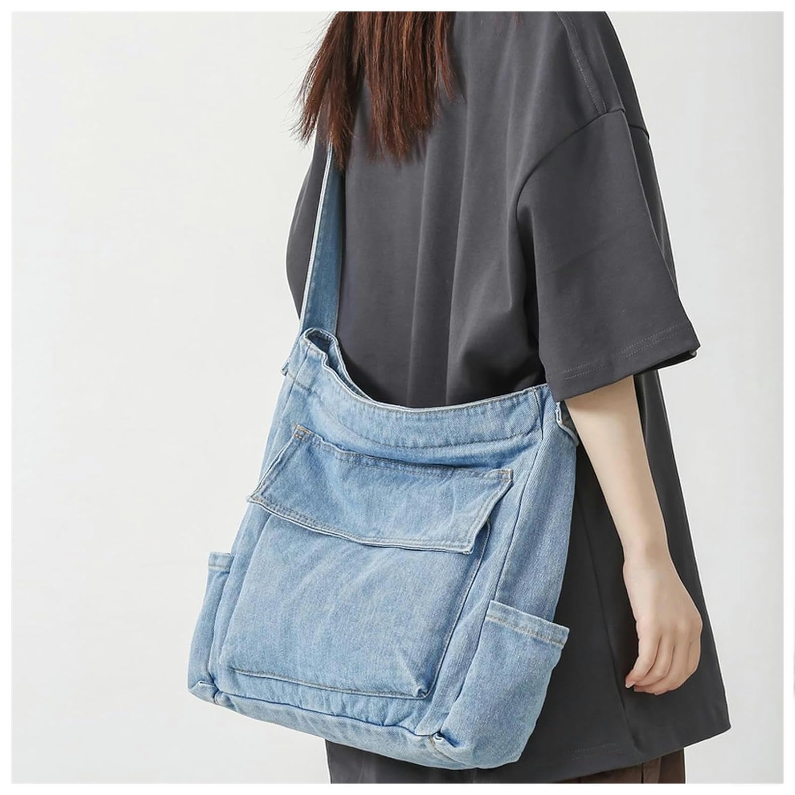 Borsa Donna Tracolla Borsa A Tracolla A Spalla Blu Lavata in Denim - Borsa A Traversa di Grande capacità per La Scuola E L'uso Quotidiano-Dark Blue-33x11x33cm