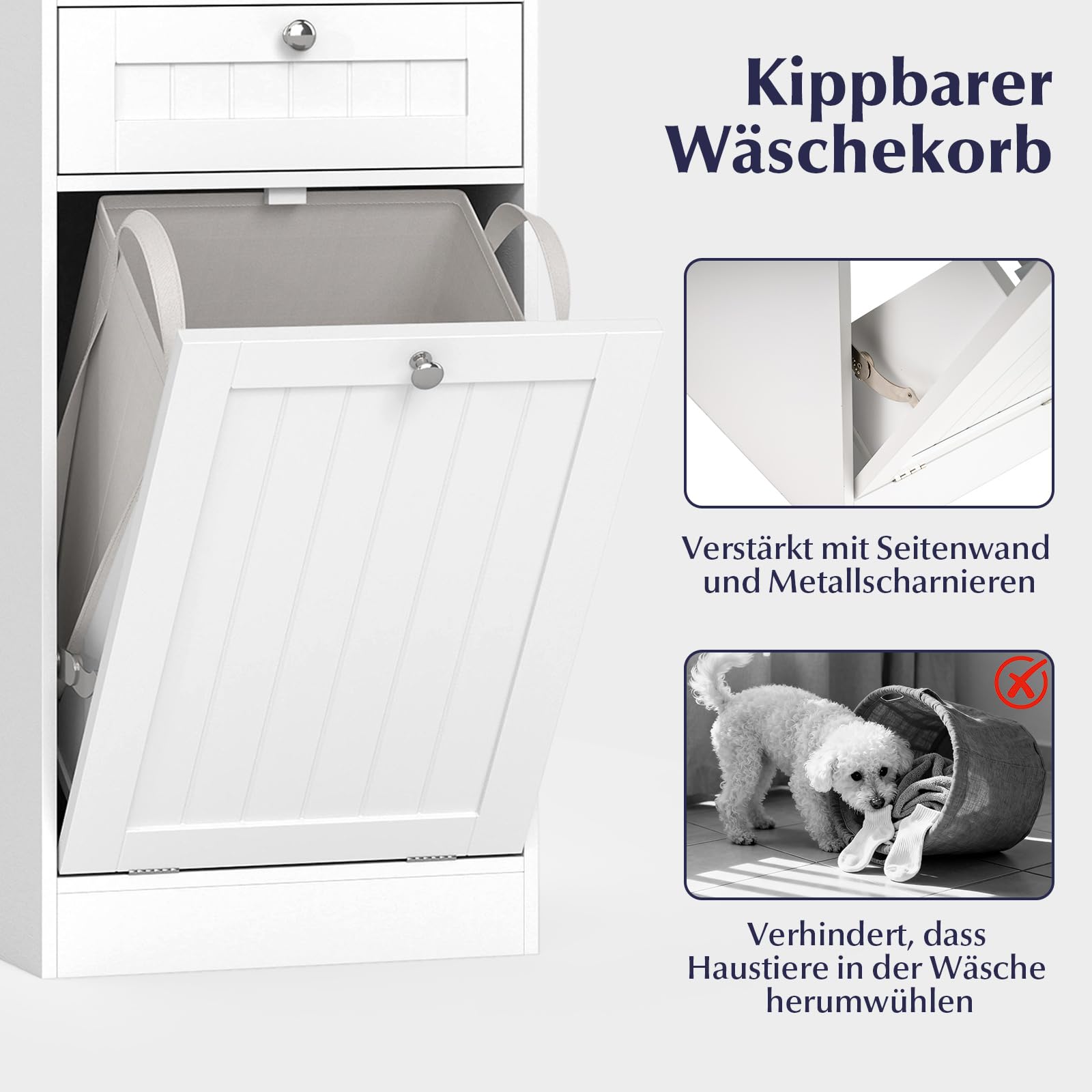COSTWAY Kippbarer Wäscheschrank, freistehender Badezimmerschrank mit Regal, Schublade & abnehmbarem Wäschesack, moderner Badschrank mit Griffen für Badezimmer, Weiß (40,5 x 40 x 80 cm)