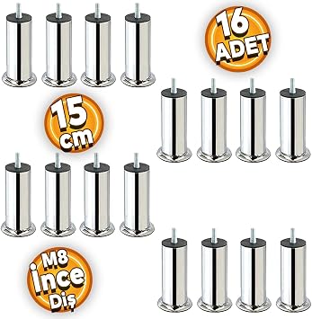 16PCS Furniture Sofa 15cm Base Sofa Support Leg M8 Bolt Thin Tooth Chrome Foot Riser