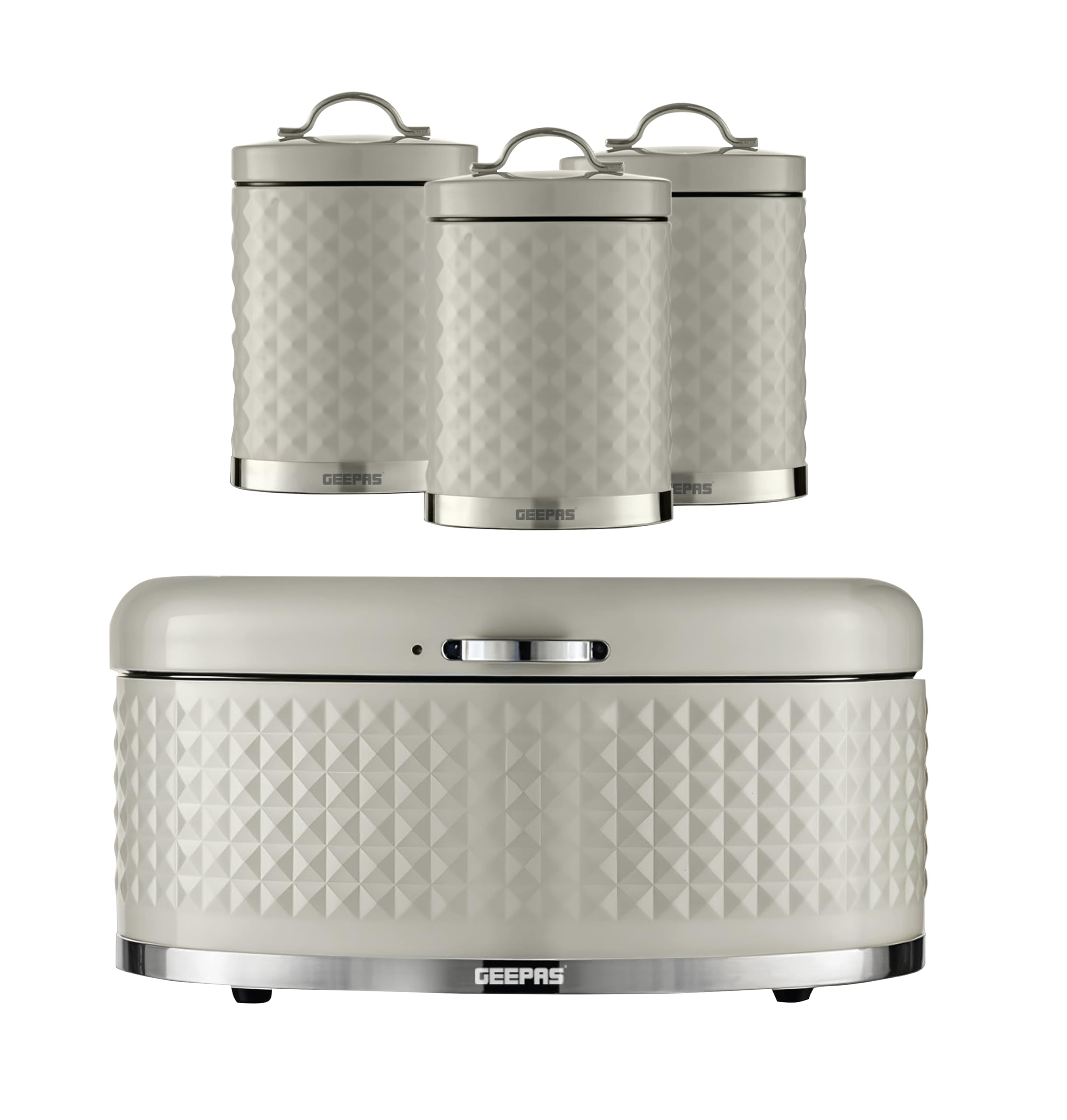 Geepas (Cream) 4 Pc Tea Coffee Sugar Canister & Bread Bin Set Cream