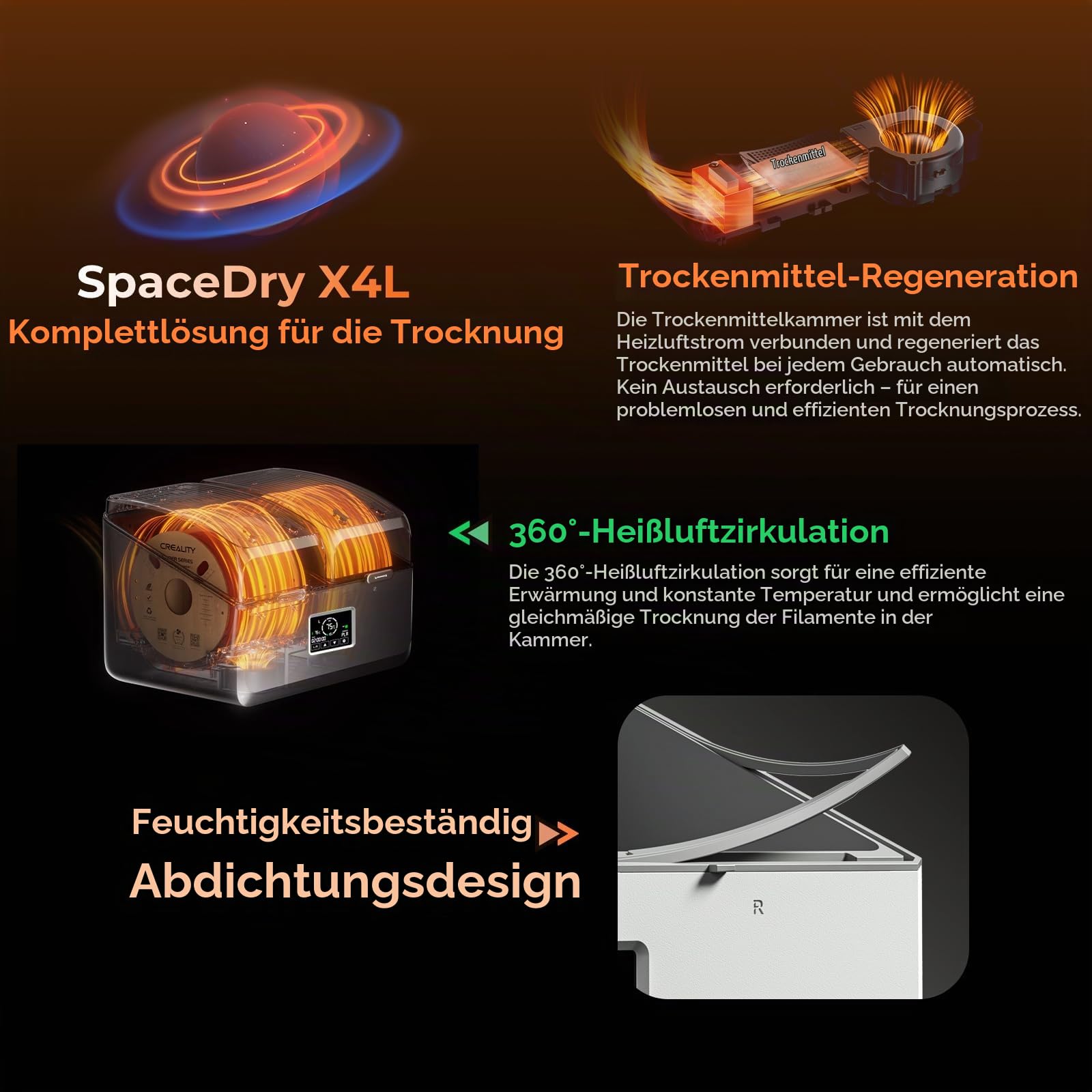 Creality Filament Trockner für 4 Spulen, SpacePi X4L, zwei unabhängige Heizkammern, Temperatur bis 75 °C, LCD Touchscreen, Filament Trockenbox für PLA PETG ABS TPU PA