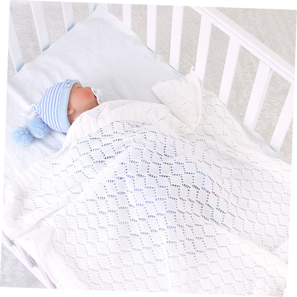 ifundom Coperta Carrozzina Neonata in Filato di Cotone Bianco, Lavorata | Design Traforato, Morbida e Calda, per Inverno e Autunno, Adatta a Passeggino