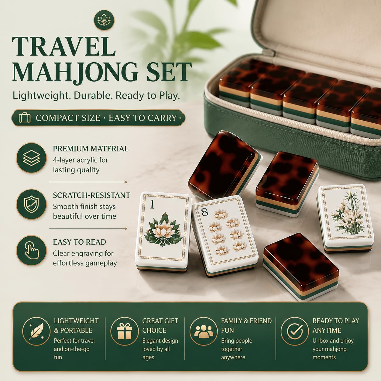 Solo 160 Pezzi in Acrilico per Mahjong Americani, 4 Strati di Ricambio Grande (1,5"), Pezzi Western incisi Premium per Viaggi (Senza Accessori),Marrone