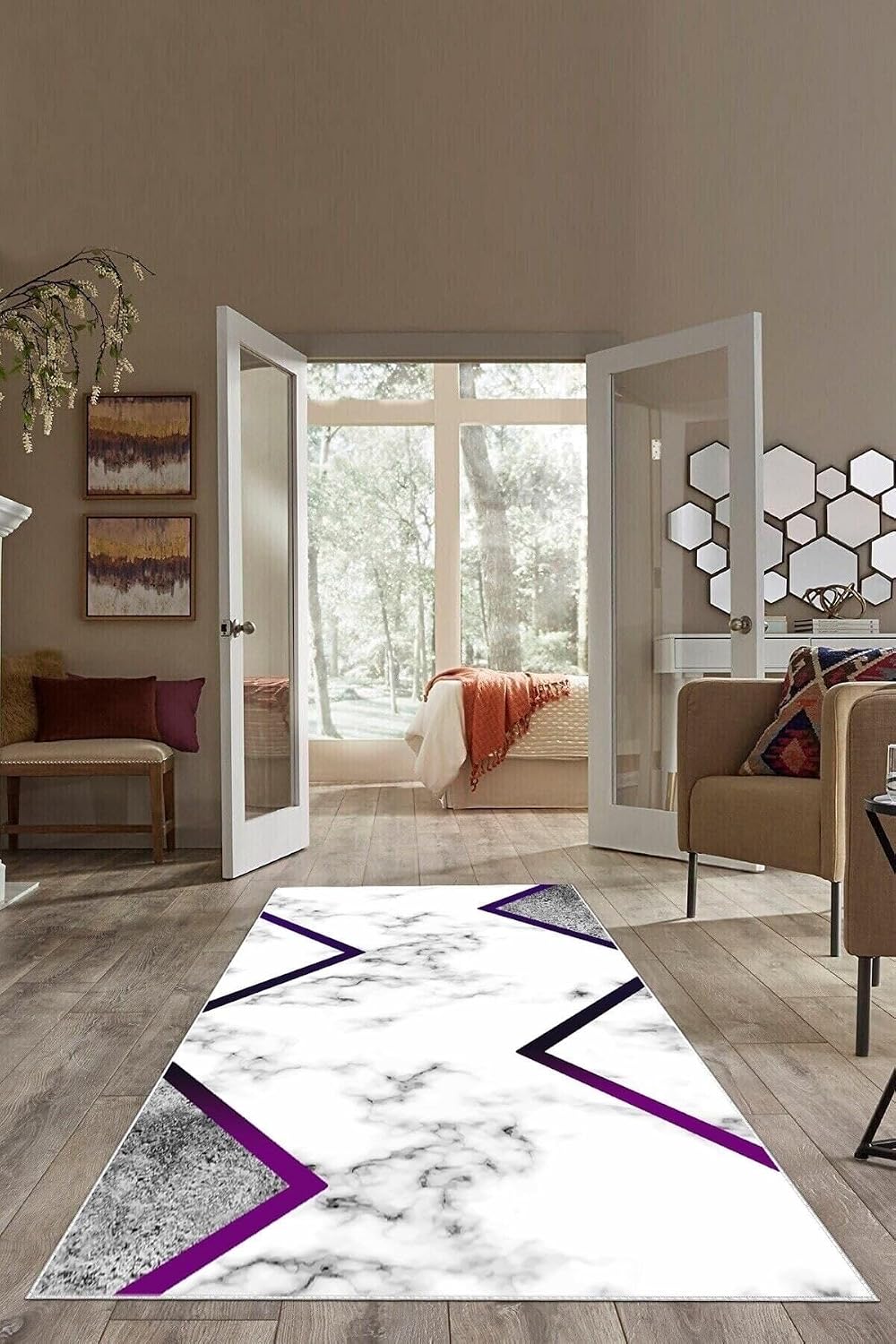 Pelangi Mavi Çizgili Mermer Desenli Yıkanabilir Kaymaz Taban Leke Tutmaz Modern Salon Halısı Ve Yolluk, Mor-Beyaz 80 x 250, 7457124780250728