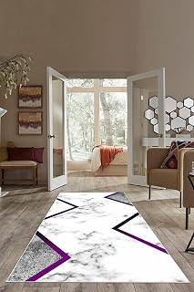 Pelangi Mavi Çizgili Mermer Desenli Yıkanabilir Kaymaz Taban Leke Tutmaz Modern Salon Halısı Ve Yolluk, Mor-Beyaz 80 x 250, 7457124780250728