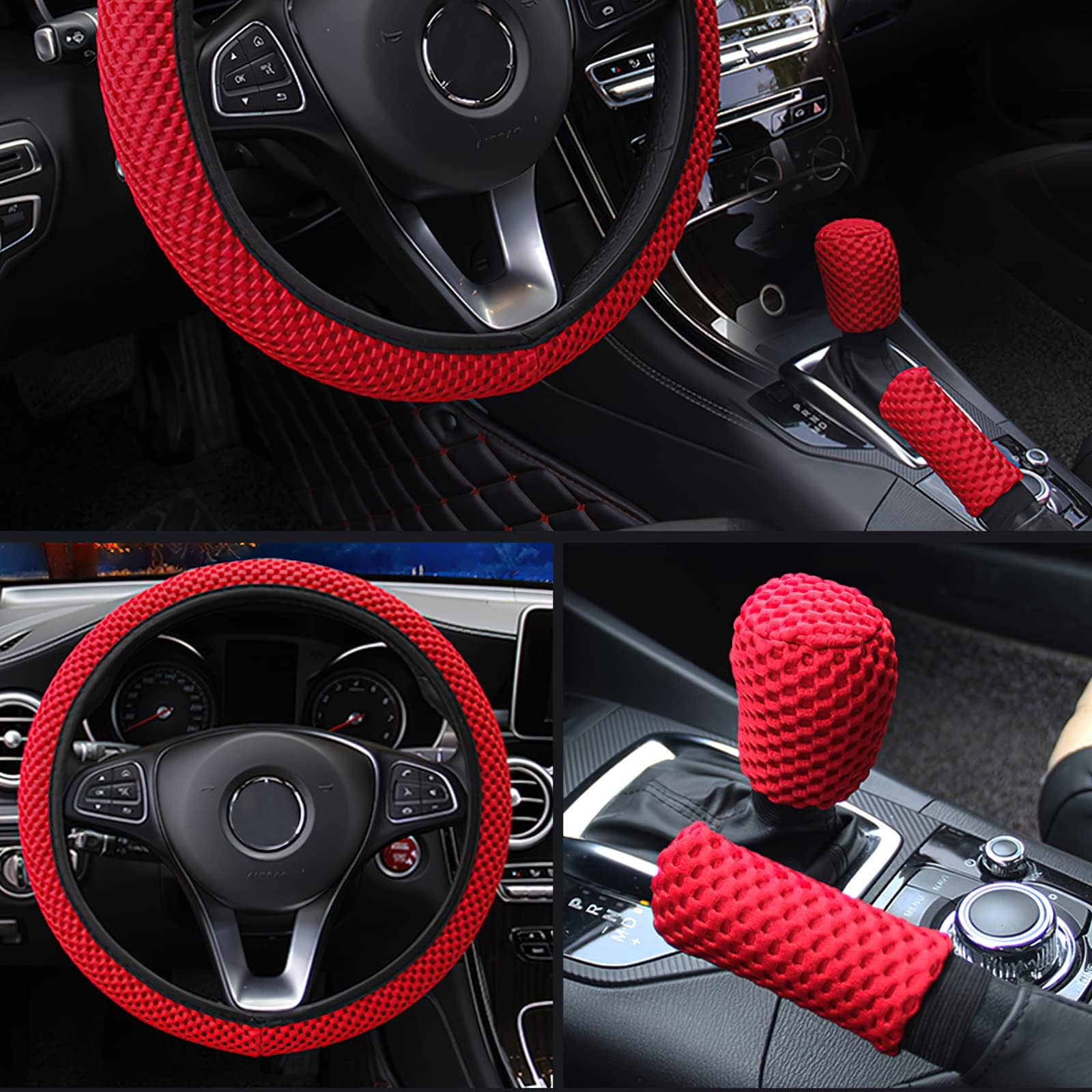 3 Pack Car Steering Wheel Cover Set Include Handbrake Cover Gear Shift Cover, Summer Anti Skid Mesh Wheel Sleeve Protector, Breathable Elastic Car Accessories for Women Men, Universal 38cm (red)