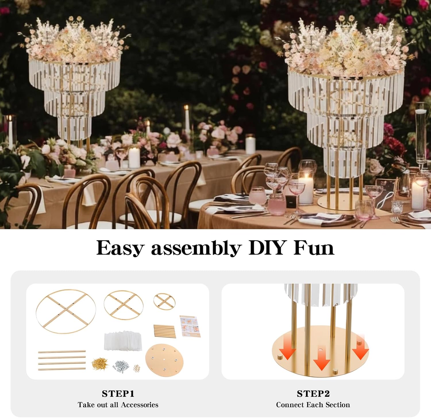 2Pcs Gold Wedding Flower Vases, Metal Flower Stand with Hanging Crystals & Round Pedestal, Modern Crystal Flower Holder for Wedding Road Lead T Stage Decoration (3 Tier)