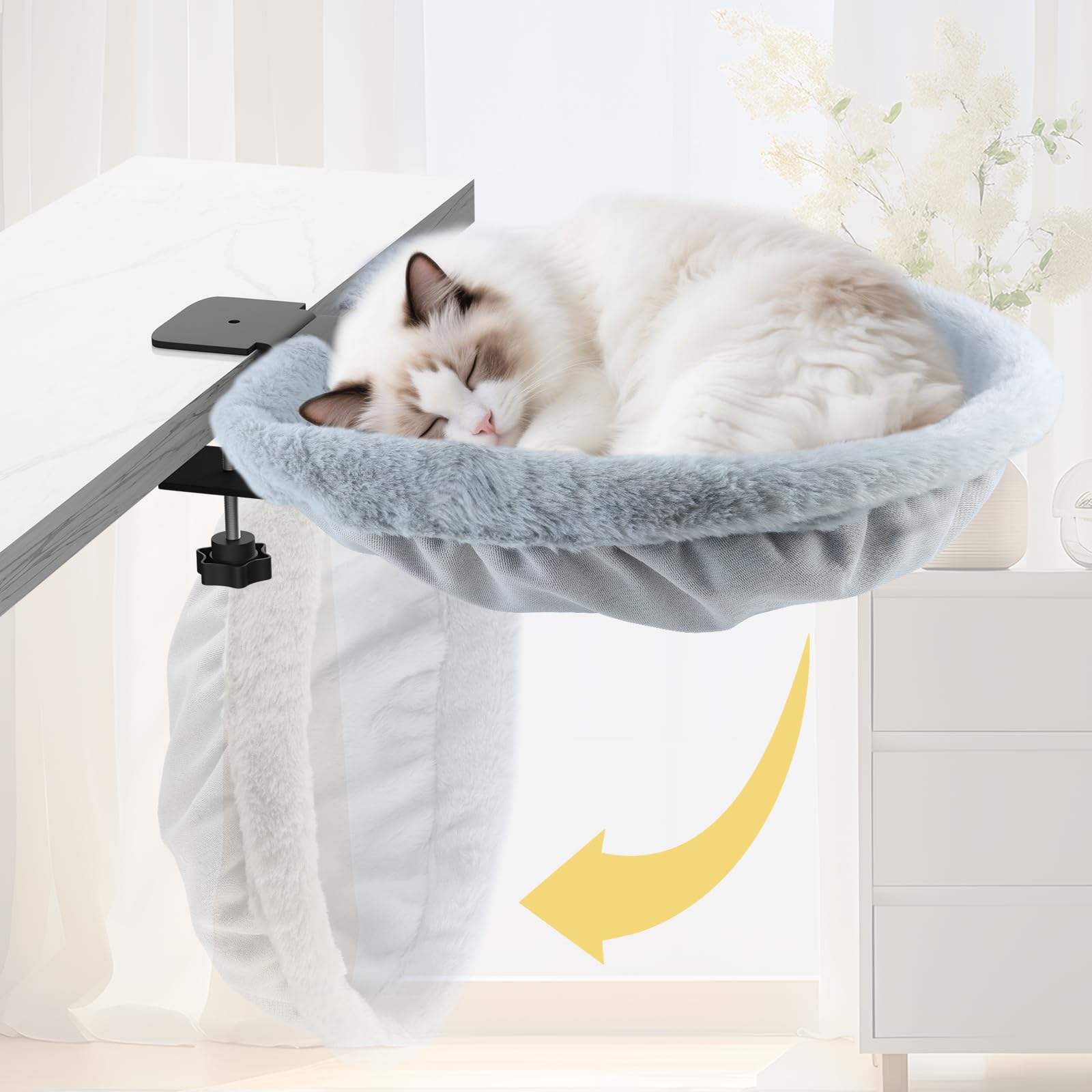 Lit de Bureau pour Chat Demi-Circulaire Supporte 15kg Gris Hamac | Fausse Fourrure de Lapin Douce, Pliable & Gain de Place, Amovible Lavable en Machine, Pour Plateaux 2-8cm d’Épaisseur,