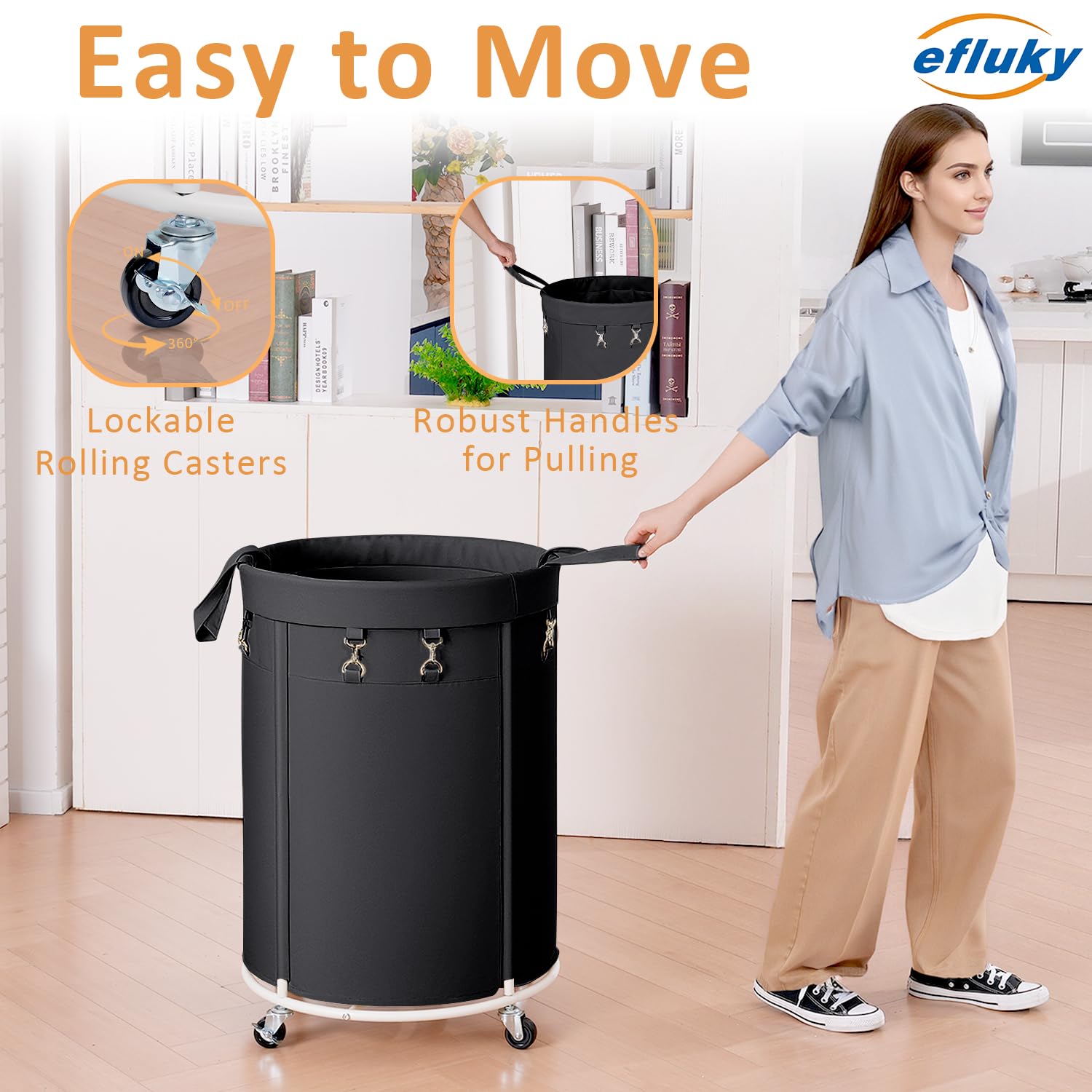 150L Cesto de Ropa Sucia con Ruedas, Cesto Redondo con Marco de Metal y Bolsa de Oxford Impermeable, Rueda Silenciosa con Freno, Cesta de Lavandería para Dormitorio, Baño, Lavadero, Negro