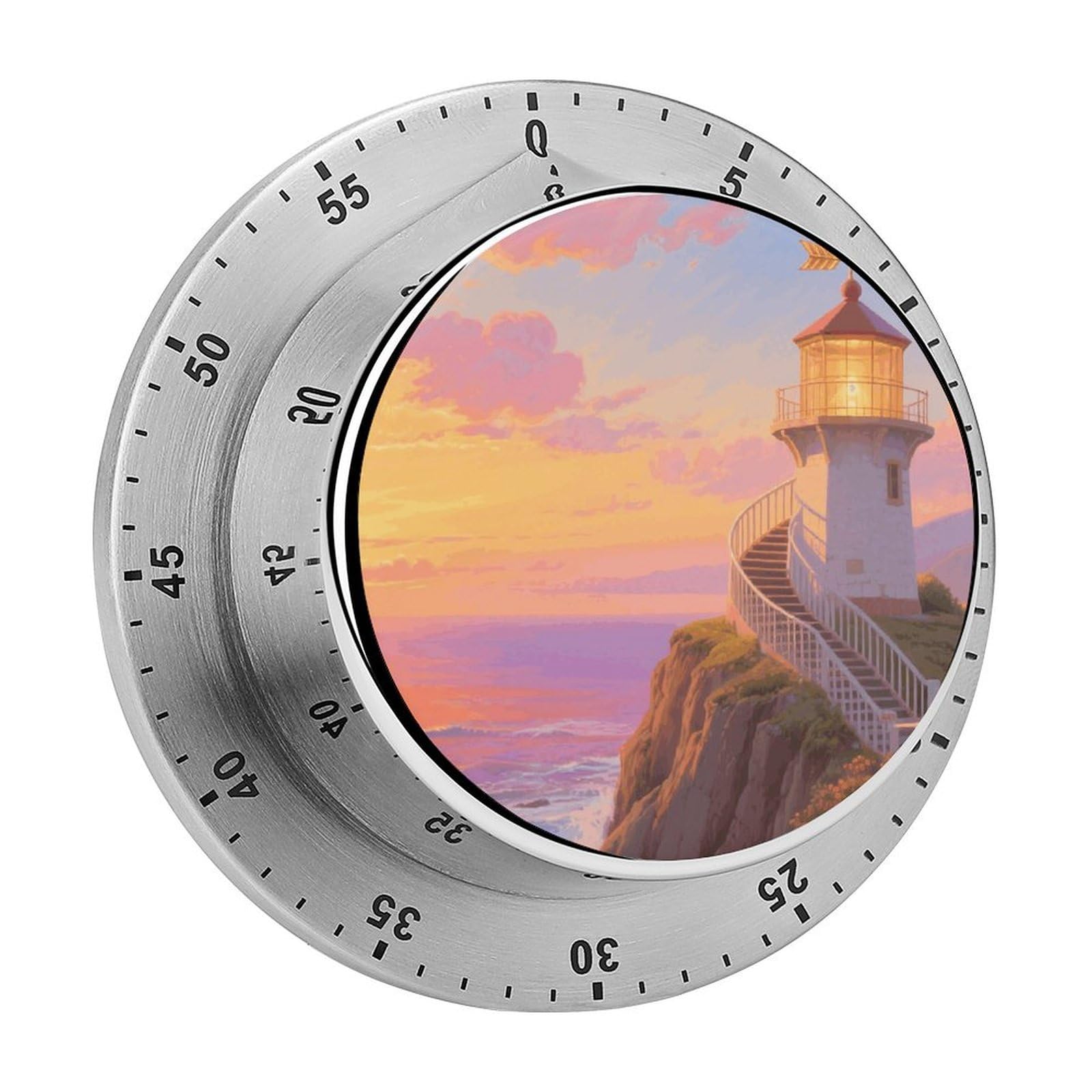 60 Minute Visual Wind Up Timer, Mechanical Kitchen Timer with Magnetic Base & Loud Alarm, Battery-Free Manual Sunset Lighthouse Countdown Clock for Focus Cooking Studying Gaming Classroom